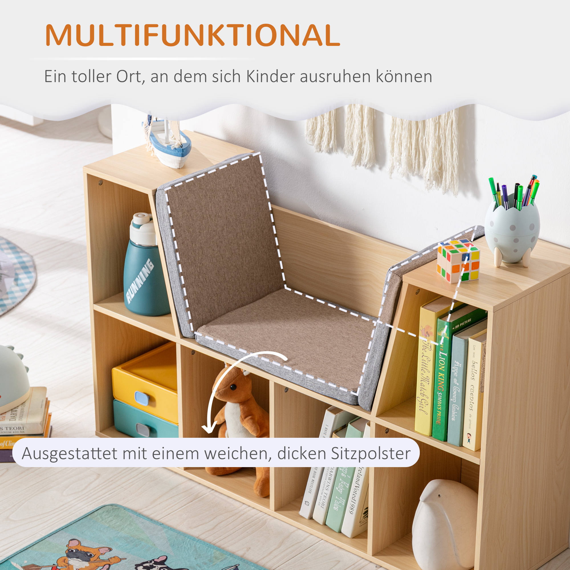 2-in-1 Kinderregal Regal + Sitzbank inkl. Polster 103 cm × 30 cm × 62 cm Weiß + Grau