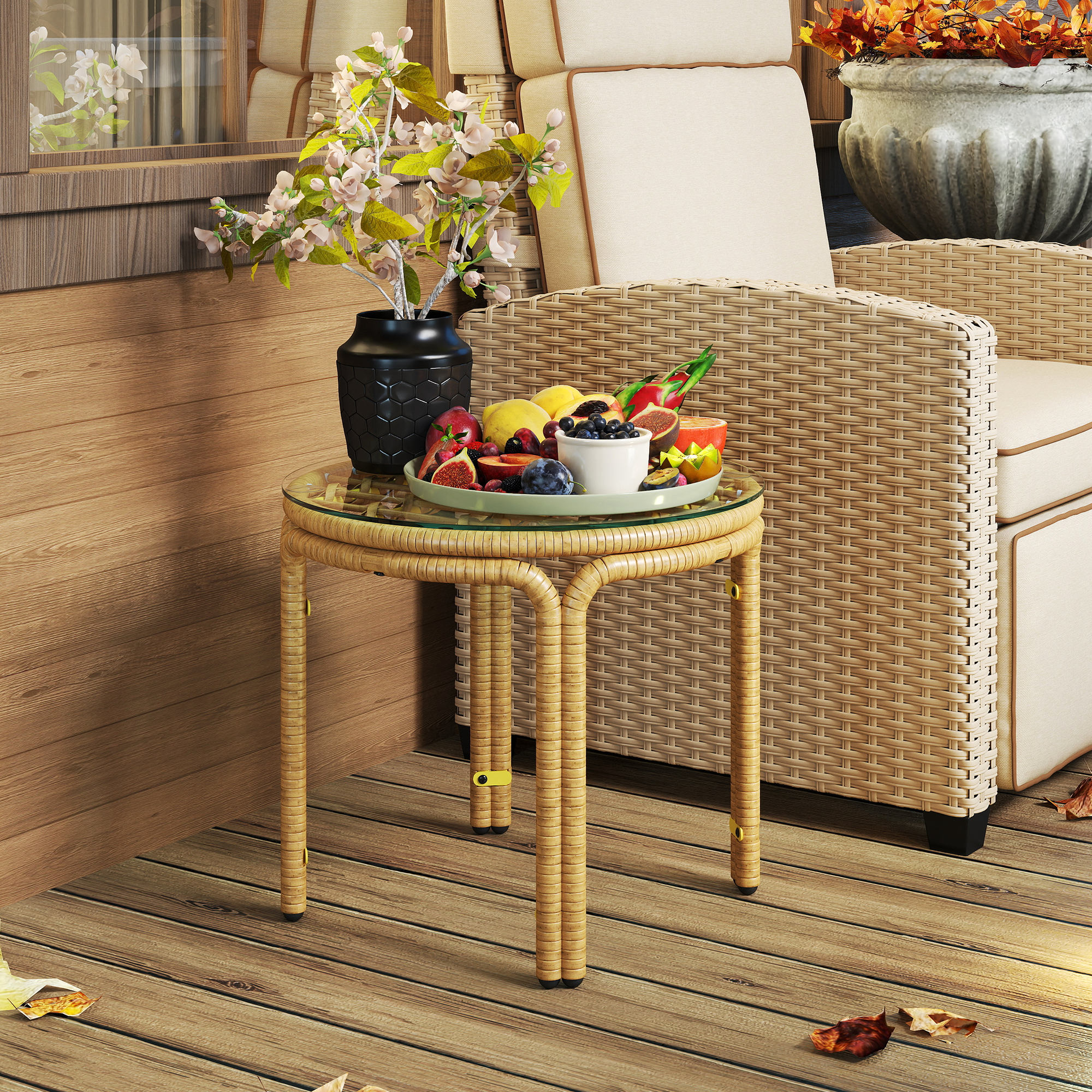 Beistelltisch aus Polyrattan runder Couchtisch mit Glas Tischplatte Nachttisch Ø50 cm Gelb