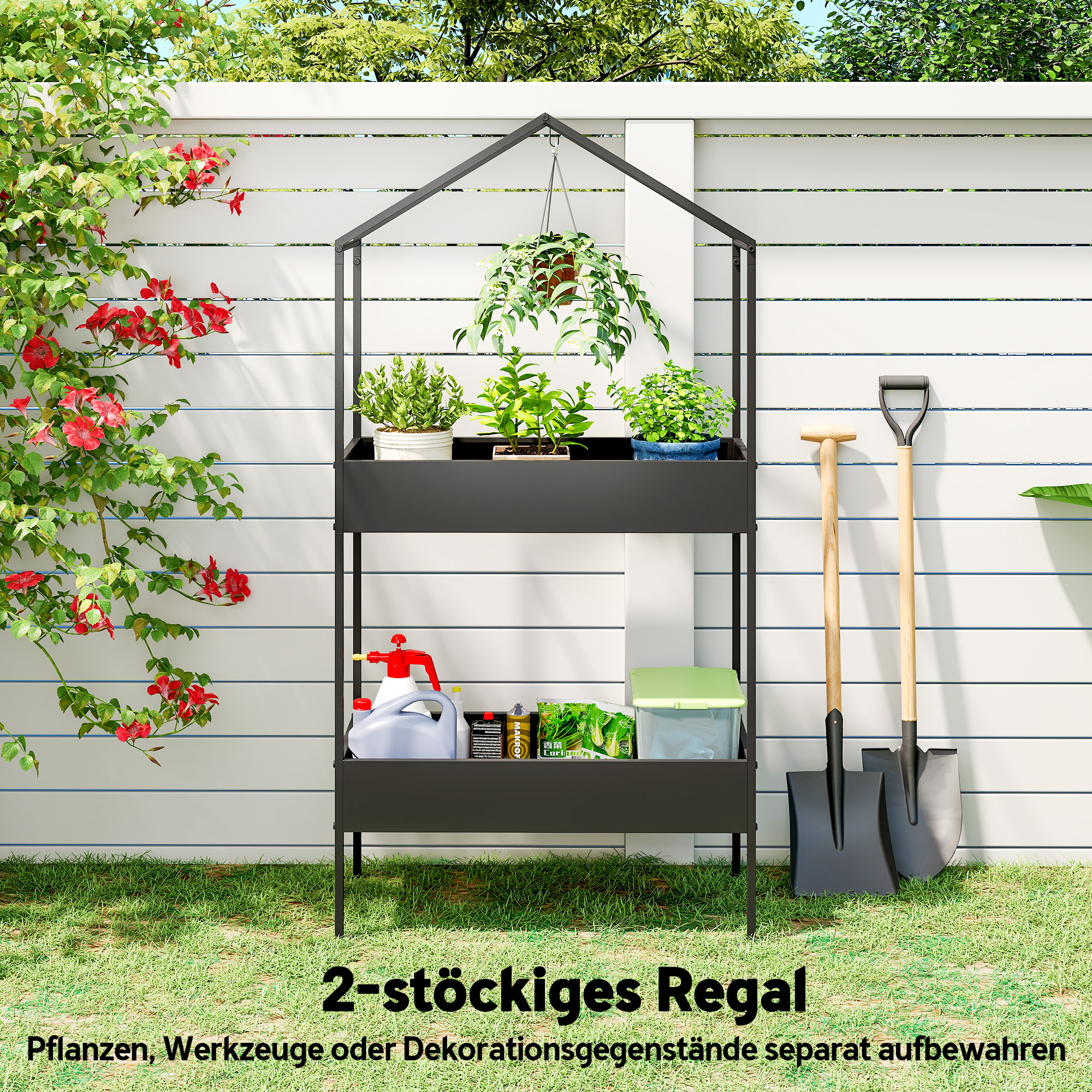 2-Etagen Pflanzenständer in Hausform, 150 cm hoch Blumenständer mit Haken, Metall Schwarz