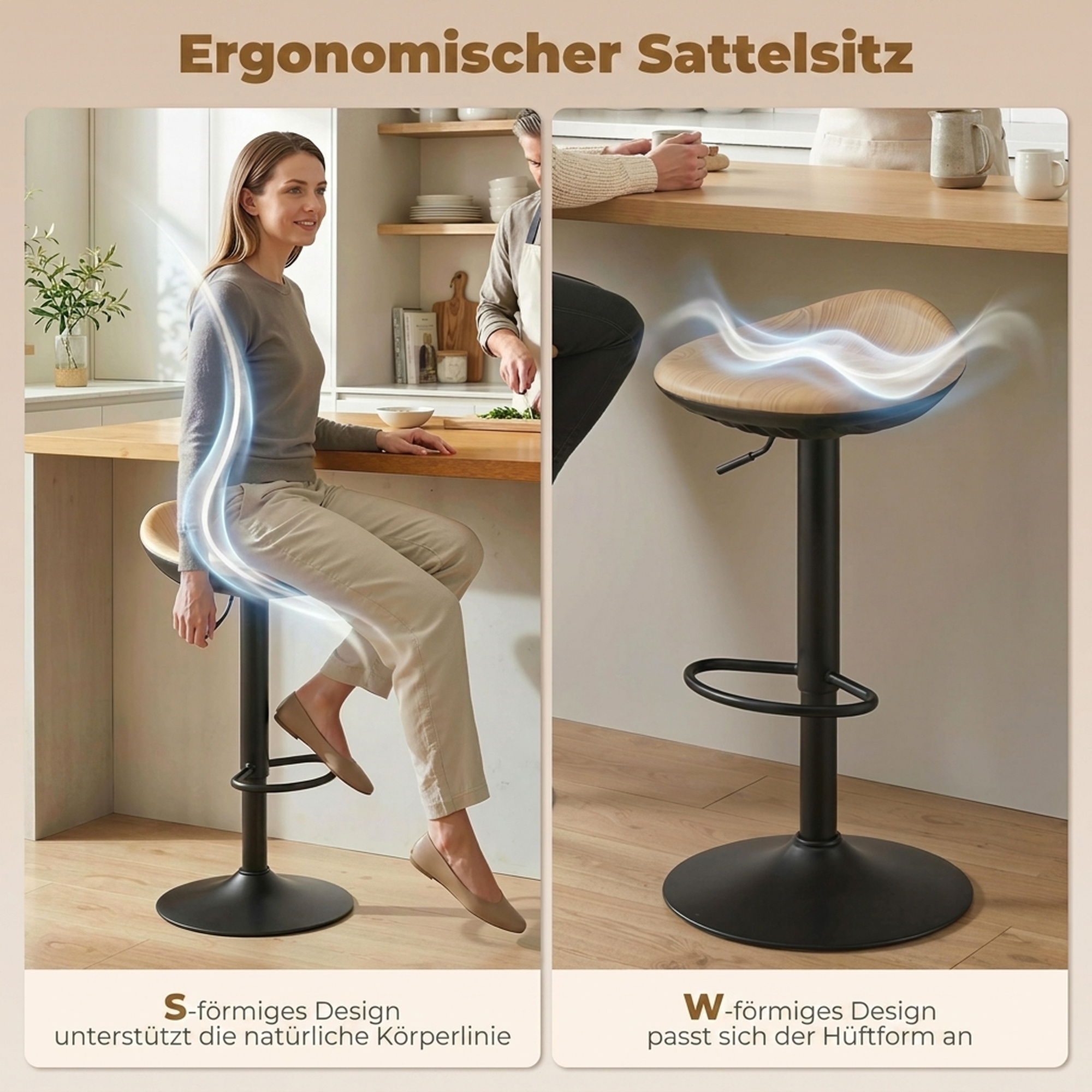 Barhocker 2er Set Drehbar Barstuhl mit Fußstütze Höhenverstellbar Tresenhocker mit Holzoptik, für Küche, Eiche