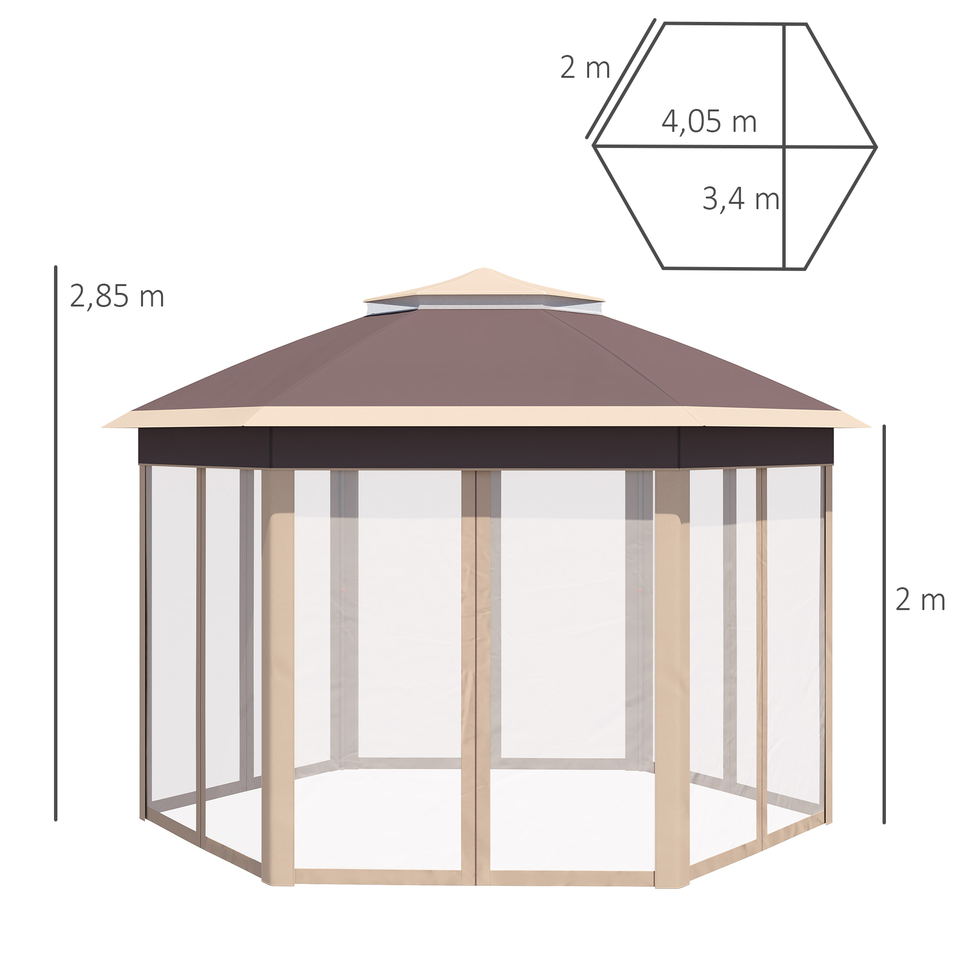 Gartenpavillon Faltpavillon 4 x 4 m Pop-Up-Zelt Partyzelt inkl. Tragetasche 6 Seitenteile Doppeldach sechseckig Khaki
