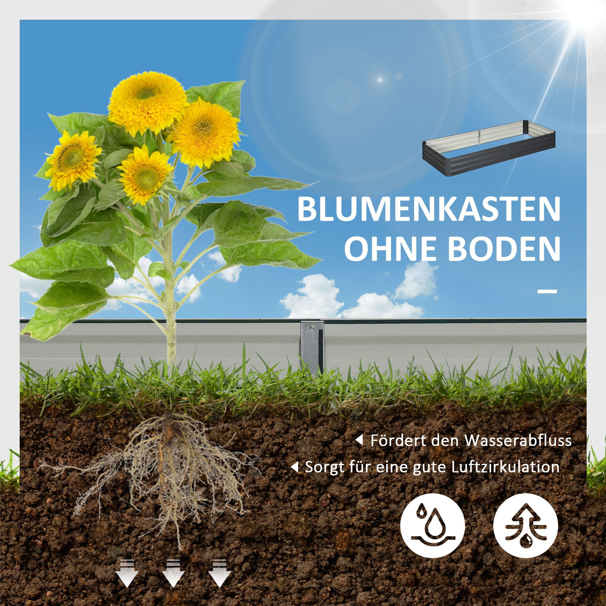 Stahl-Hochbeet, offener Boden, einfacher Aufbau, 95L x 90,5B x 29,8H cm, Grau