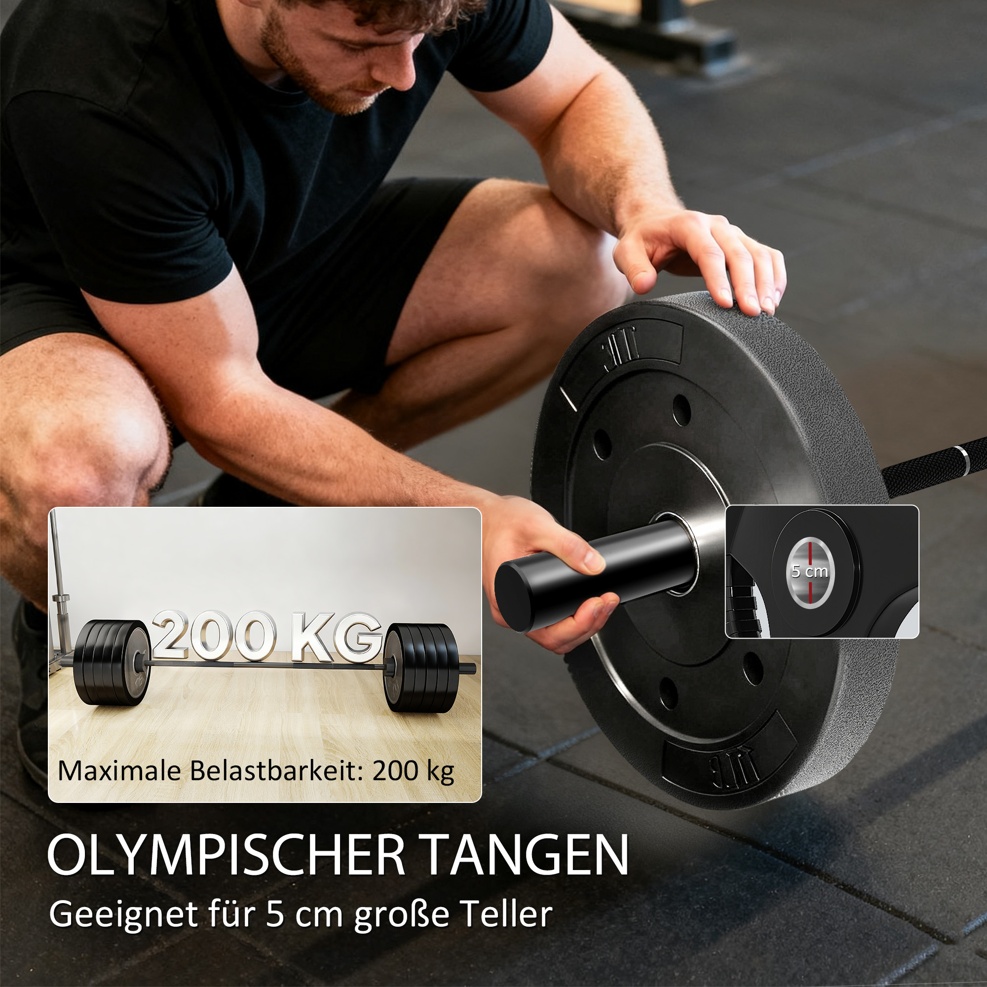 Hantelstange, 180 cm Olympiastange, Stahl, 200 kg Tragkraft, Schwarz