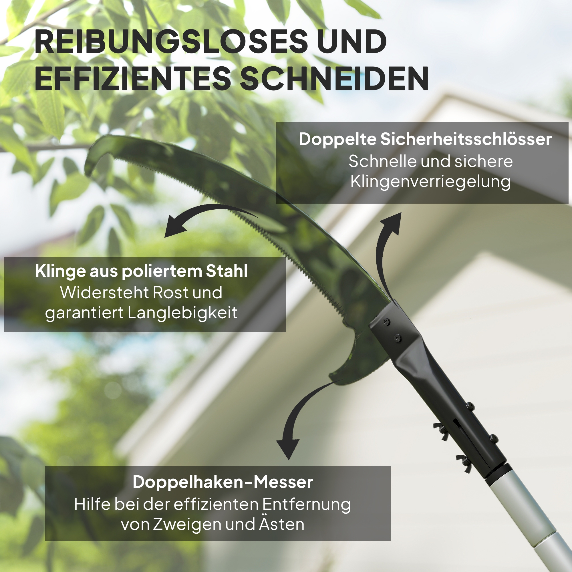 Teleskop Astsäge 1,5-2,6m Baumschere mit Feststellvorrichtung, Teleskop-Griff Antihaftbeschichtet Klinge Schwarz