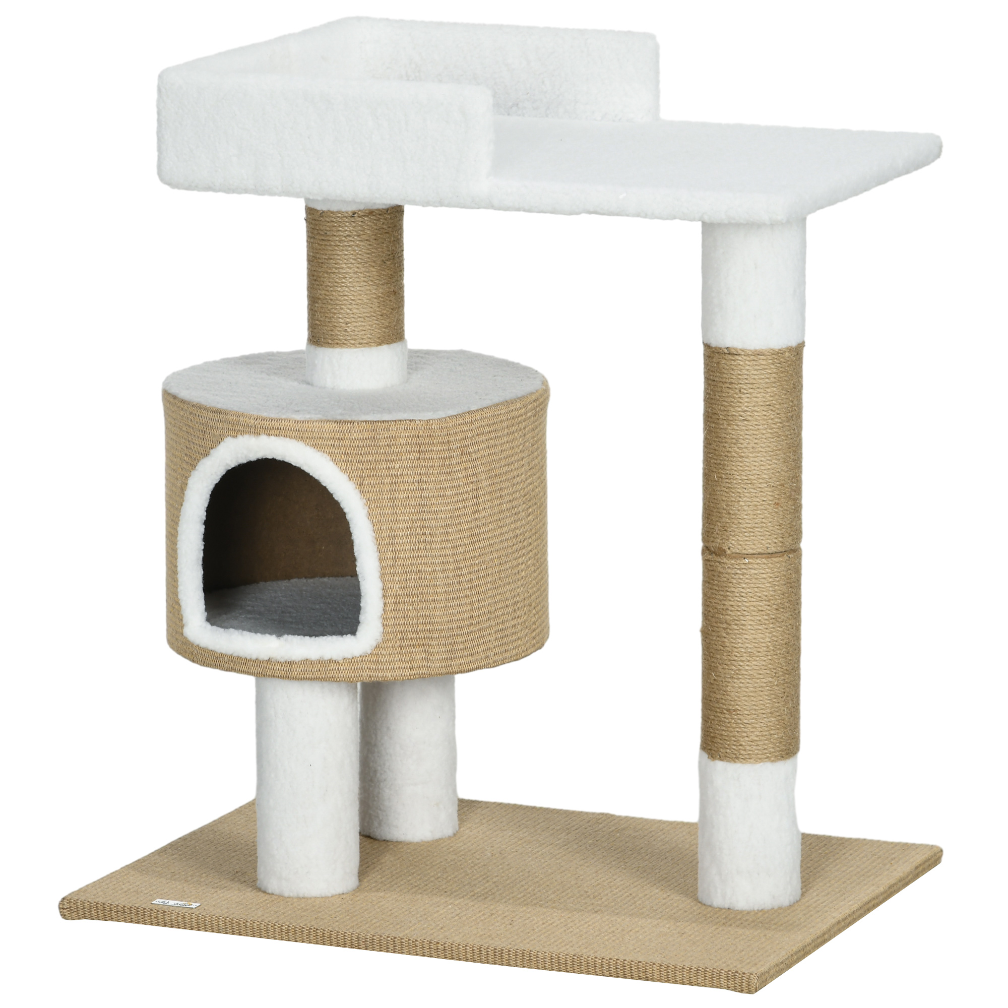 Kratzbaum Katzenbaum Katzenhöhle, 1 Katzenhöhle, 1 Liegefläche, 70 cm  x 49 cm x 79 cm, Natur + Weiß
