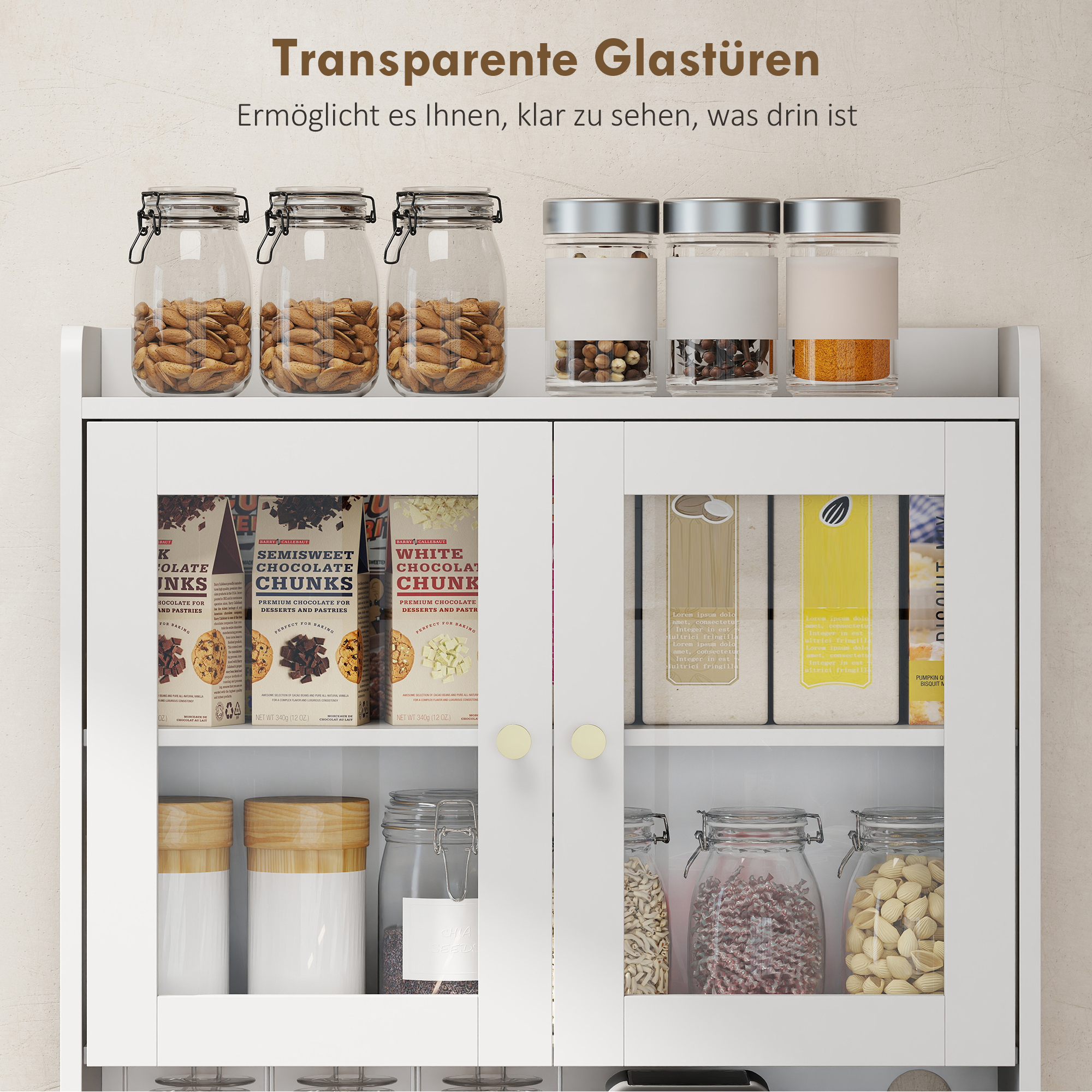 Küchenschrank mit Arbeitsfläche, Weinglashalter, Vorratsschrank für Küche, Esszimmer, 170 cm, MDF, Glas, Weiß