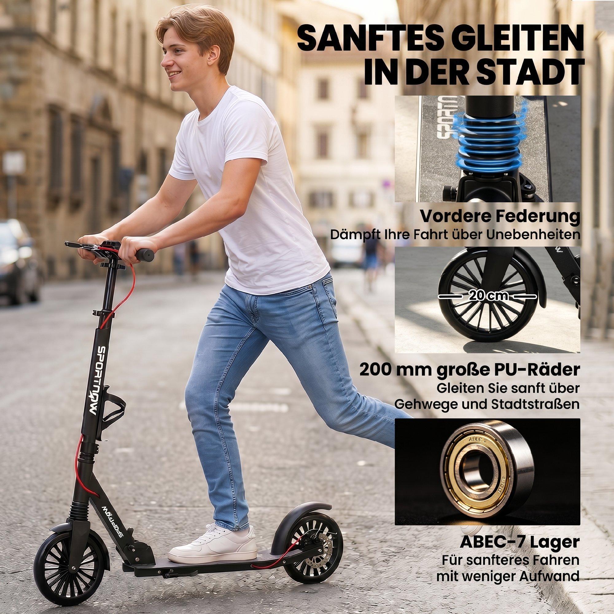 Cityroller aluminium höhenverstellbar & klappbar Scooter mit 200 mm PU-Räder ABEC-7 Kugellager Dual-Bremssystem