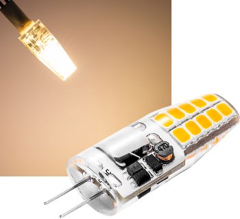 LED Stiftsockellampe G4 "Silikon W2" - 3000k, 200lm, 300°, 12V/2W, warmweiß LED Stiftsockellampe G4 "Silikon W2" - 3000k, 200lm, 300°, 12V/2W, warmweiß