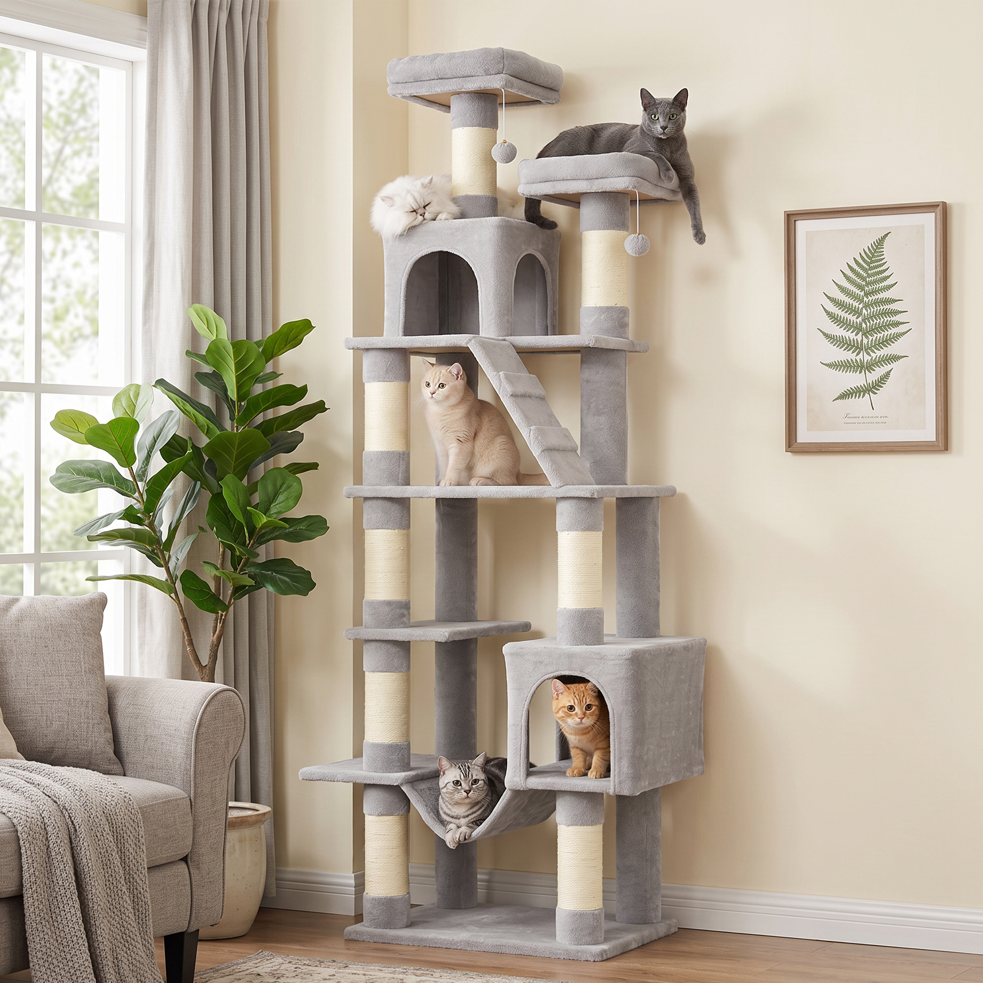 Kratzbaum 204 cm Katzenbaum mit Höhlen Leiter mehrstöckiger Katzenkratzbaum für 1–3 Katzen je bis 6 kg Hellgrau