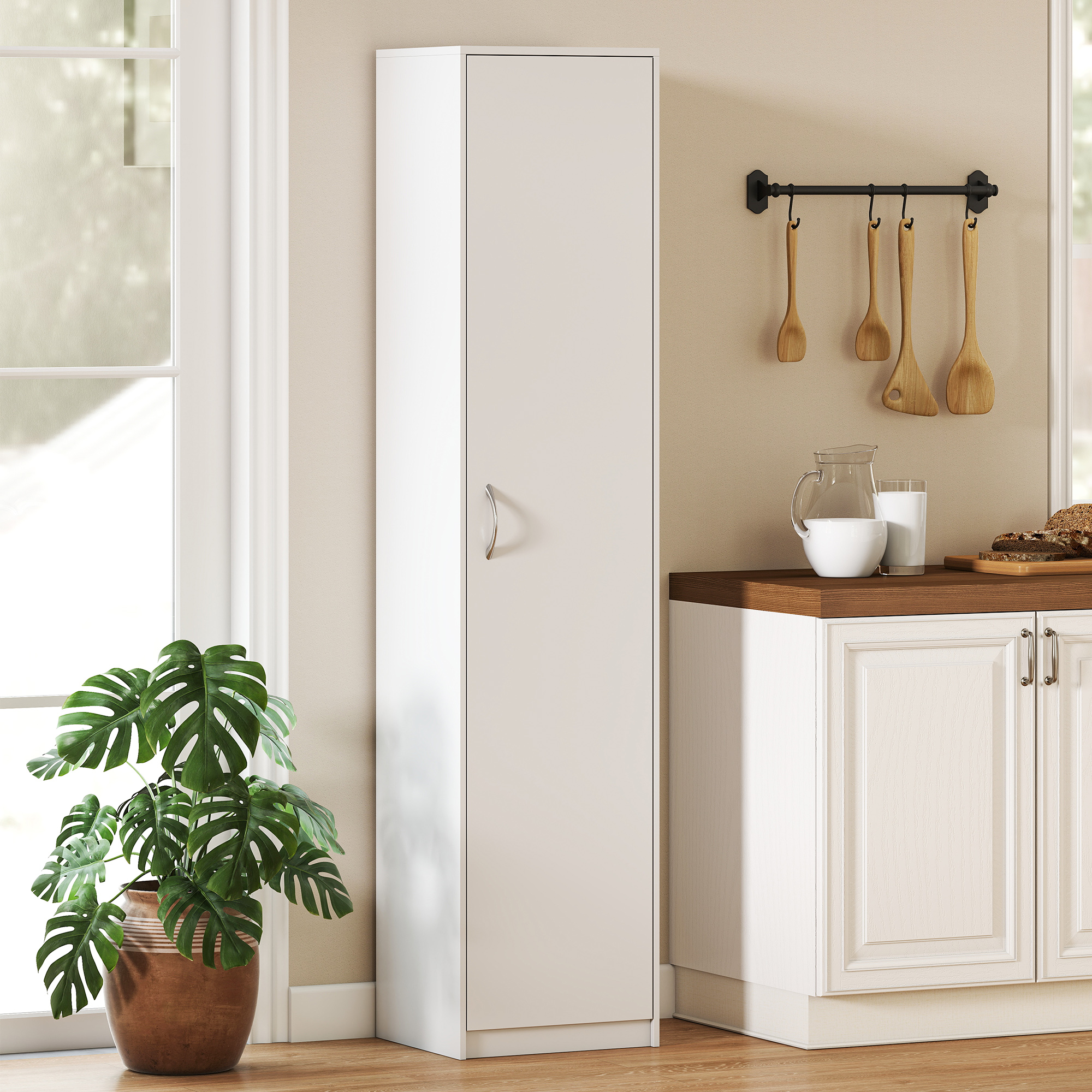 Küchenschrank, 5-Ebenen-Aufbewahrungsschrank, verstellbare Regale, für Wohnzimmer, Küche, Vorratskammer, Holz, Weiß