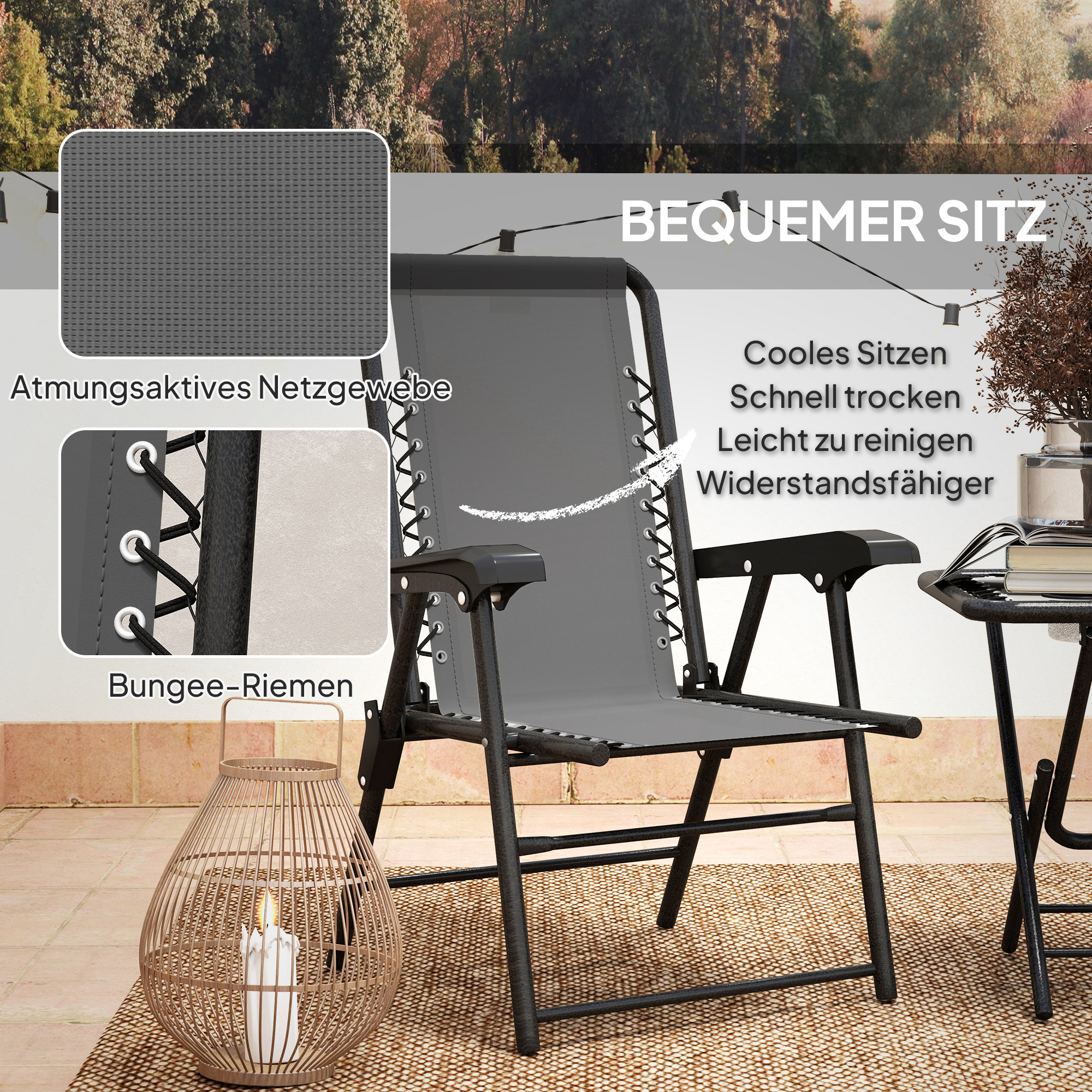 Bistro Set 3-teilig aus Stahl Wetterfest Gartenmöbel Set mit klappbar Bistrotisch Becherhalter Gartenstühlen Dunkelgrau
