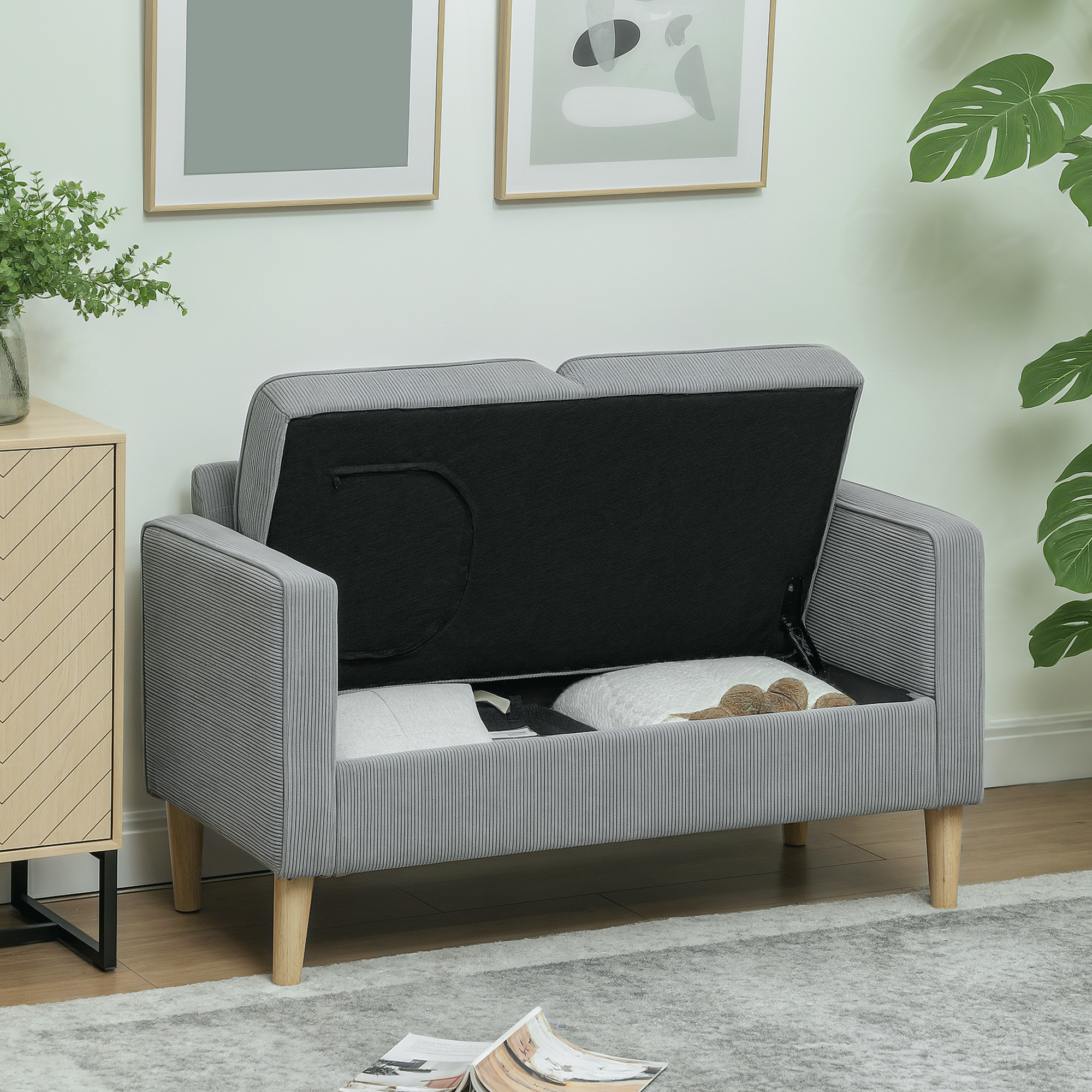 Zweisitzer-Sofa mit Stauraum und soliden Holzbeinen, für Wohnzimmer, Schlafzimmer, 117 x 63 x 79 cm, Hellgrau