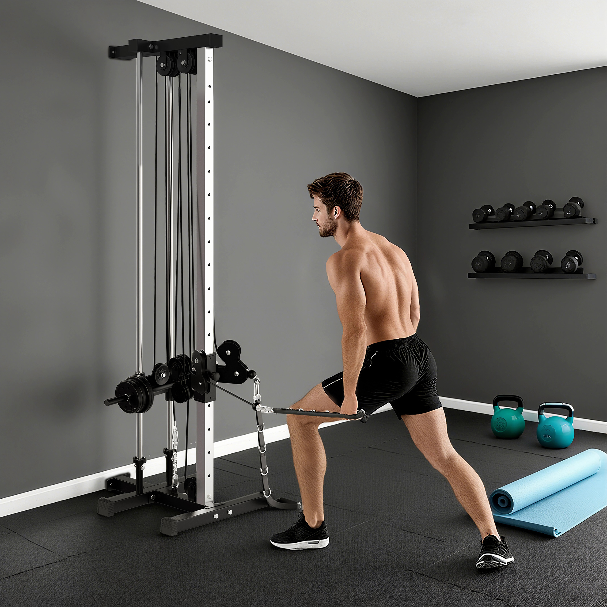Kraftstation höhenverstellbar 25-165 cm mit Dual-Pulley-Systemen Adaptern 62 x 60 x 200 cm Schwarz