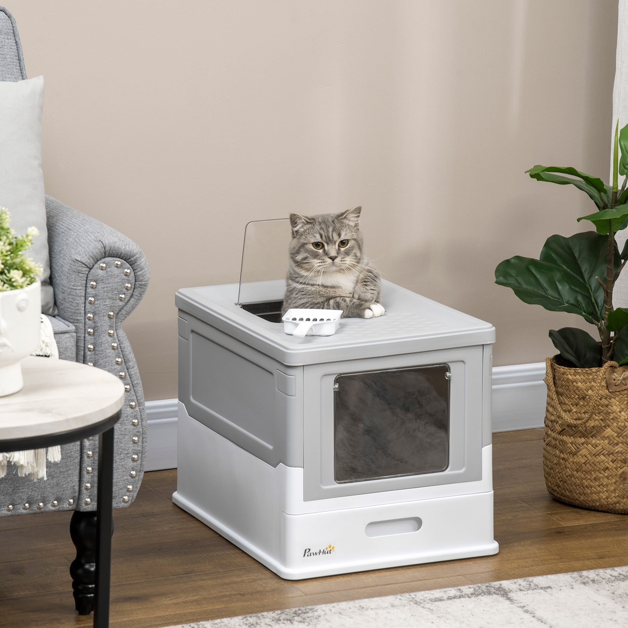 Katzentoilette Katzenklo Katzenhaus mit Bodenschale und Schaufel Kunststoff Grau