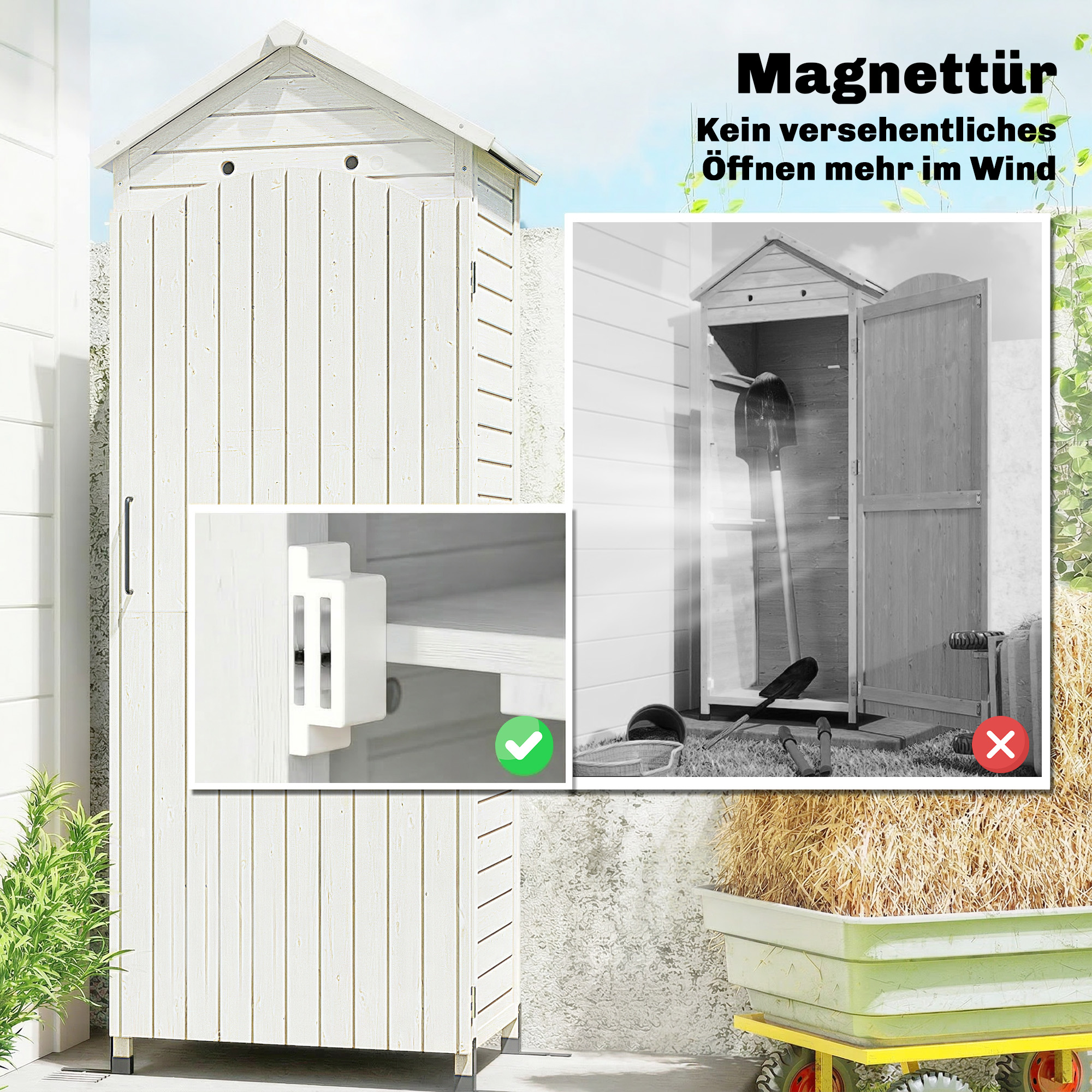 Gartenschrank Holz extra hohe Geräteschuppen mit verstellbar Ablage magnetisch Tür galvanisiert Dach Belüftung