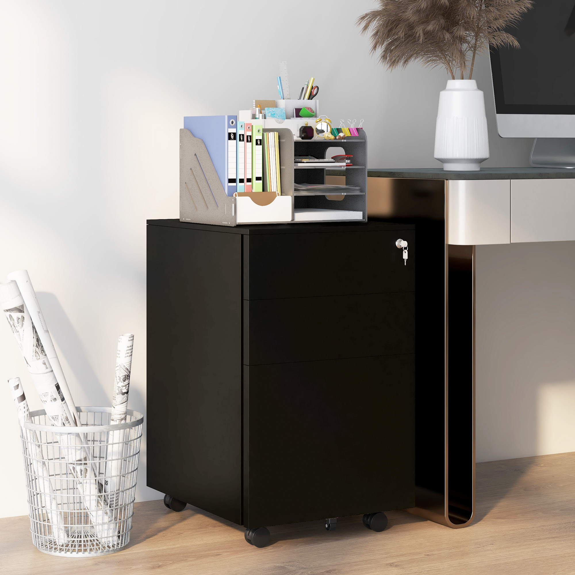 Rollcontainer Aktenschrank, 3 Schubladen, abschließbar, rollbar, 37 cm x 43,5 cm x 60 cm, Schwarz