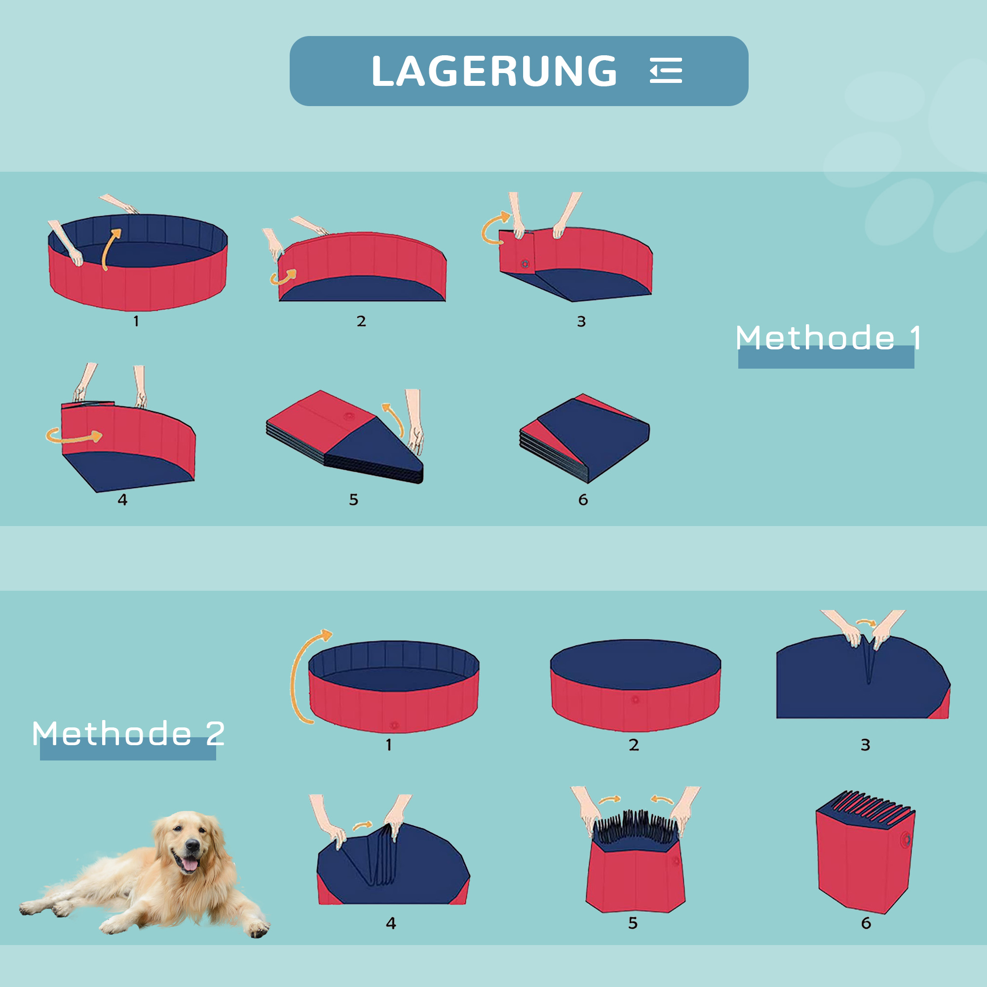 Hundebadewanne faltbar Badewanne Hundepool Plantschbecken Swimmingpool Wasserbecken für Hunde und Katzen Schwimmbecken Kunststoff+Holz Rot Ø160 x 30H cm