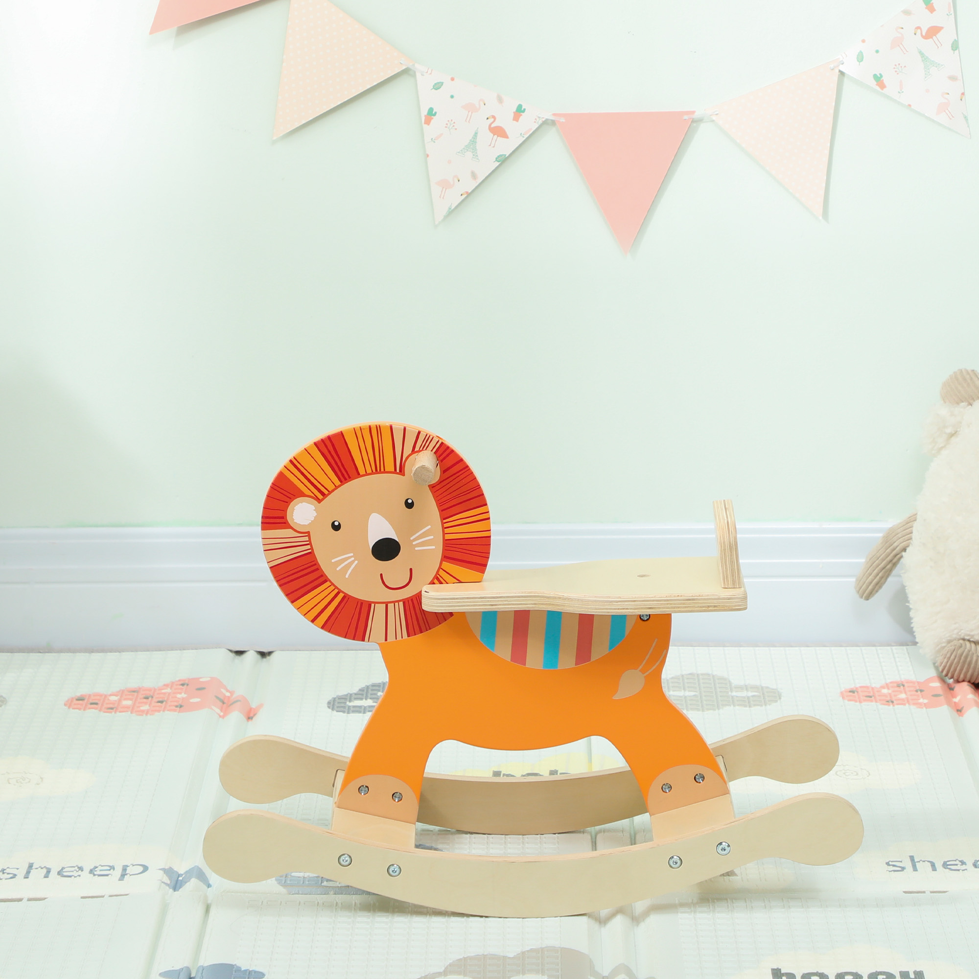 Schaukelpferd mit Löwen-Design, 25 kg Belastbarkeit, 2-5 Jahre, Holz, Orange