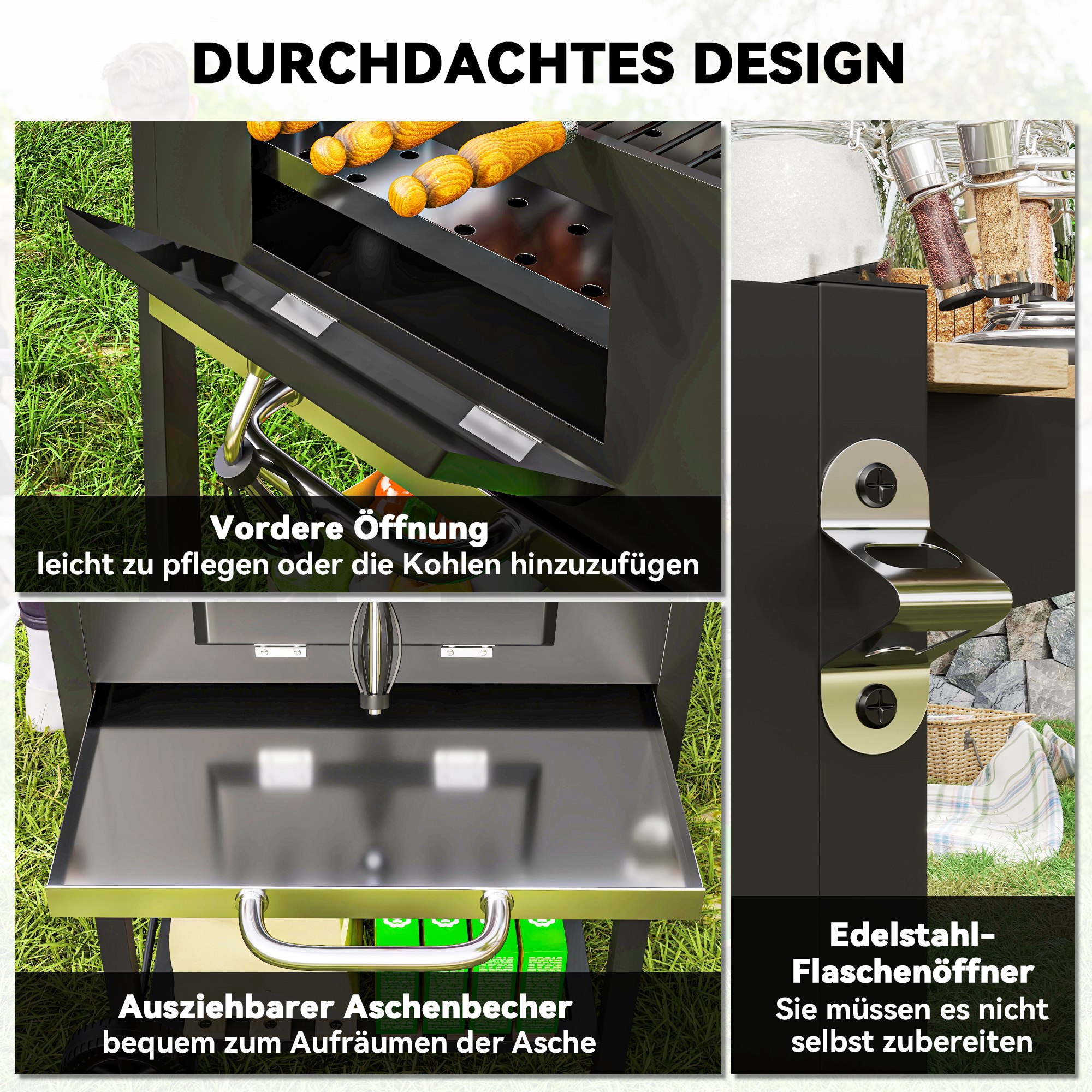 Holzkohlegrill, höhenverstellbare Kohlenpfanne, Grillwagen, Regale, Thermometer, Flaschenöffner, Stahl, Holz, Schwarz