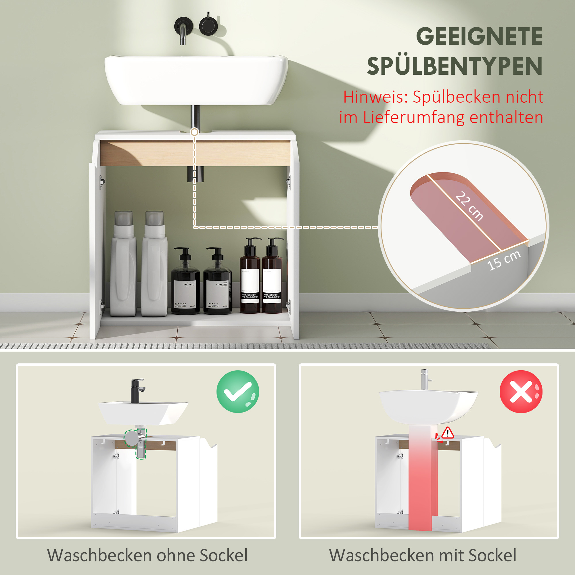 Waschbeckenunterschrank, Badezimmer Unterschrank mit Soft-Close-Türen, Weiß, 60 x 35 x 57,9 cm