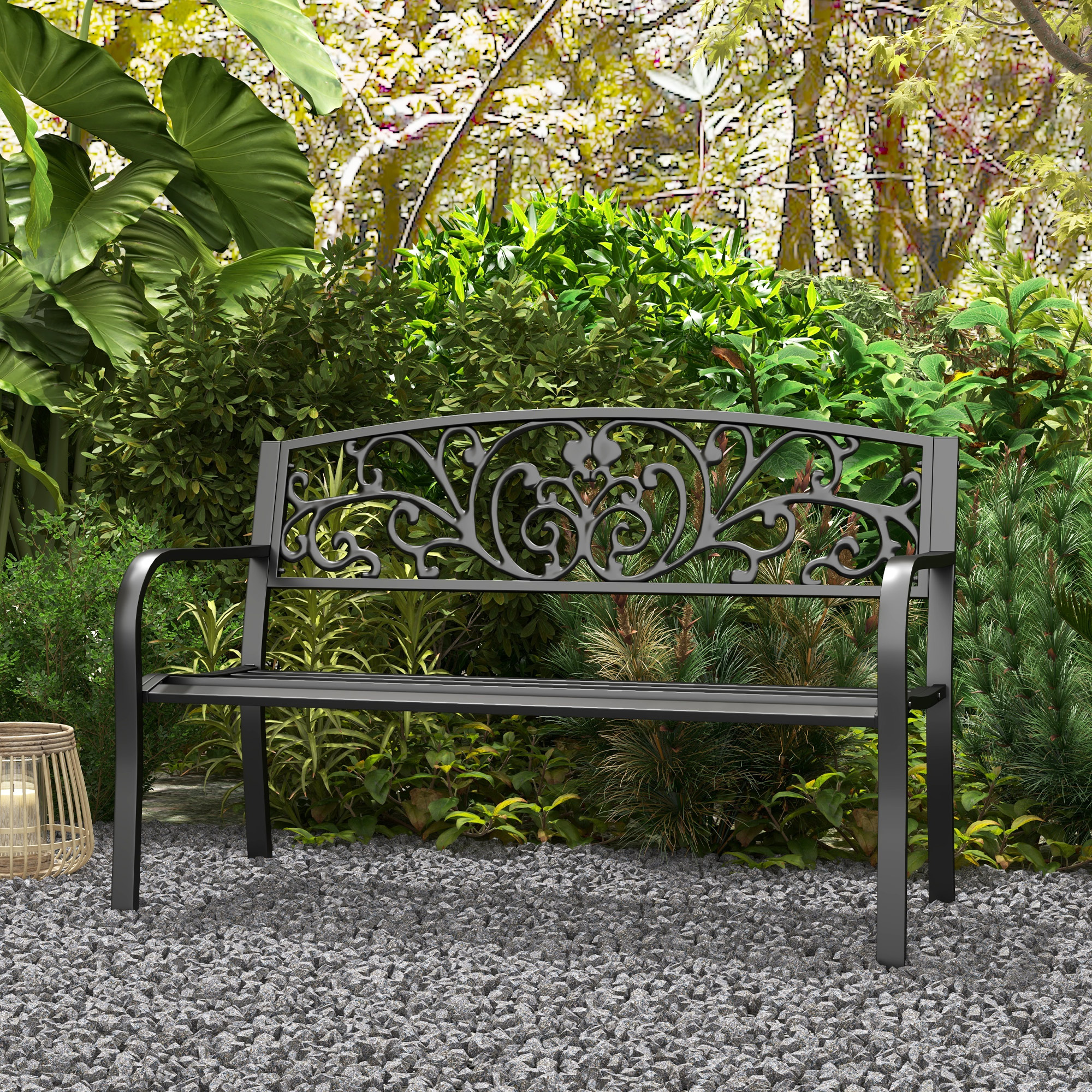 Metallgartenbank, Blumendesign, 2-Sitzer, 240 kg Tragkraft, Stahl, 127L x 60B x 87H cm, Schwarz