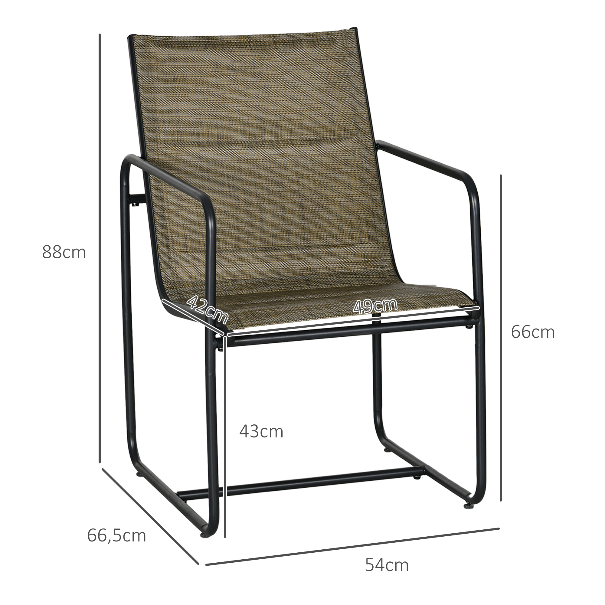Gartenstuhl, 2er-Set, atmungsaktiver Bezug, robuster Metallrahmen, 54x66,5x88cm, Schwarz/Braun