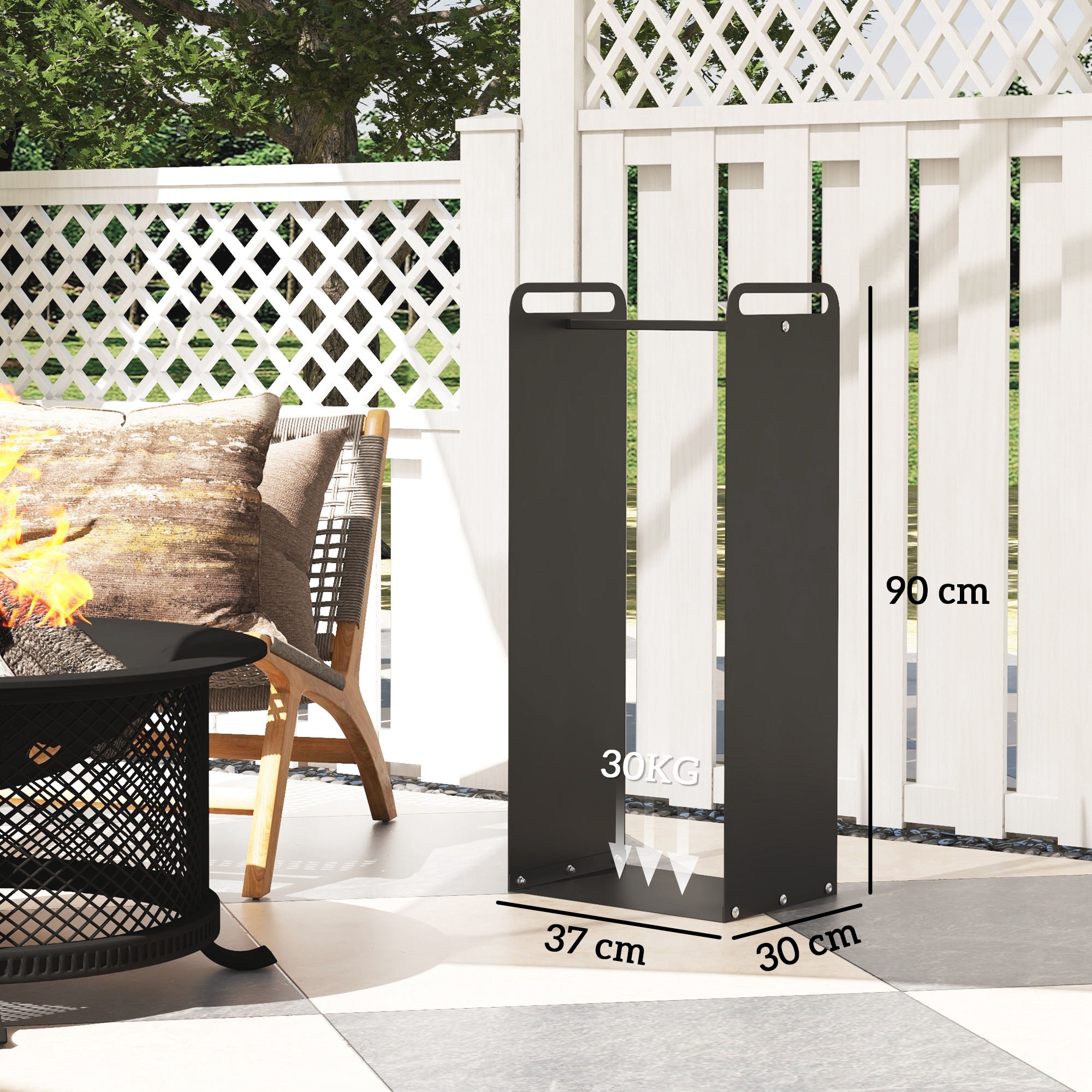 Feuerholzgestell, 2 Tragegriffe, Stahlrahmen, bis 30kg, 37x30x90cm, Schwarz