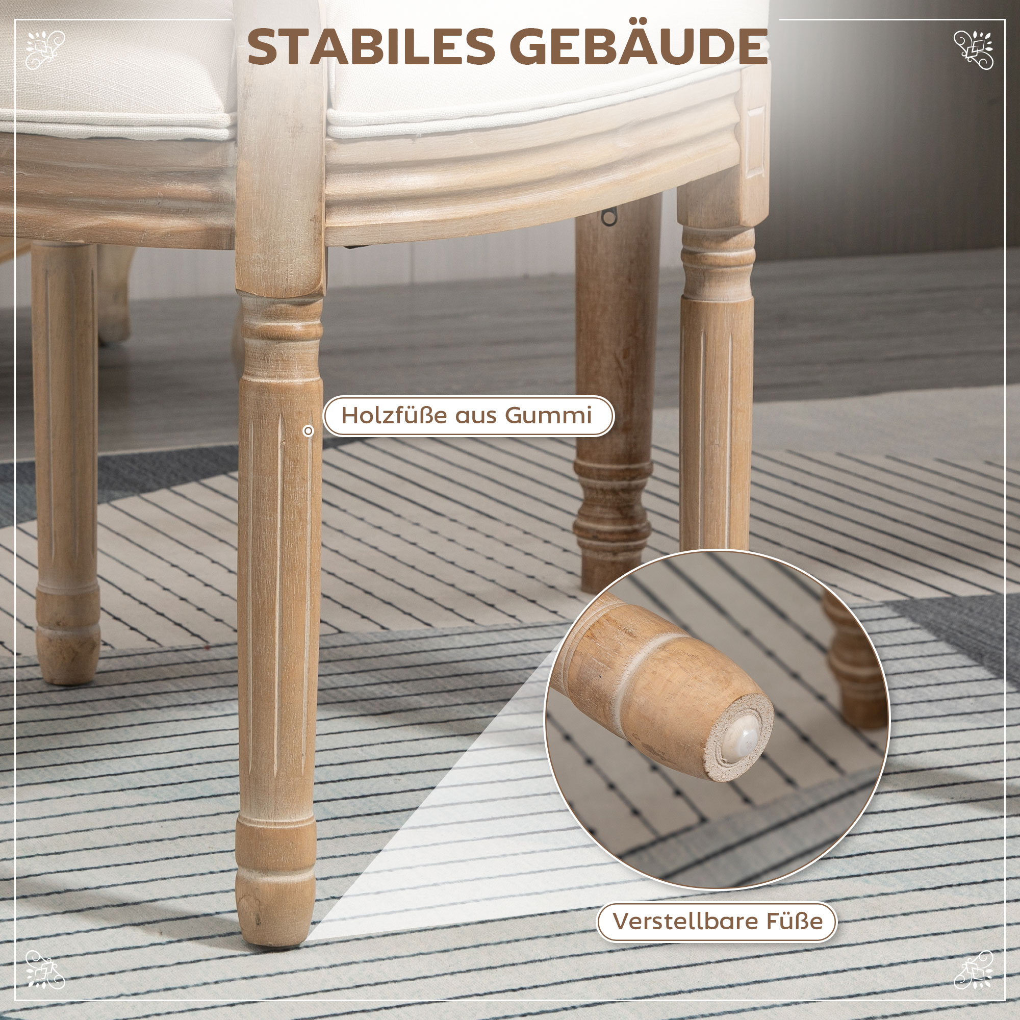 Esszimmerstühle 2er Set Küchenstuhl mit Rückenlehne, Linenoptik, Sessel Polsterstuhl, Stühle, Wohnzimmerstuhl mit Holzbeine für Esstisch, Cremeweiß+Natur