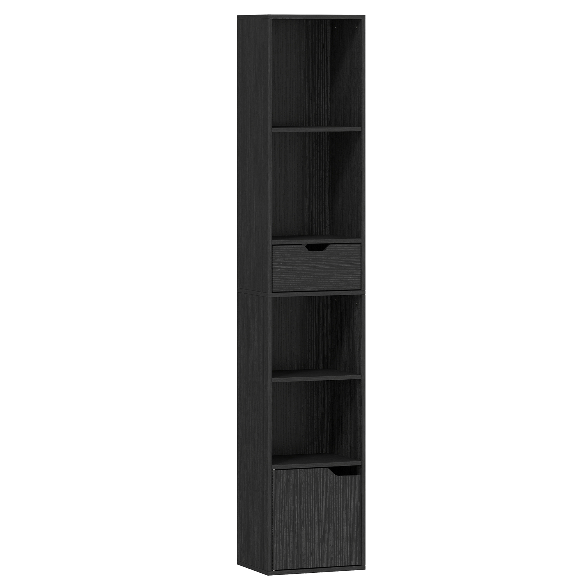 6-fach Bücherregal mit Schublade und verstellbarem Fach, freistehender Aufbewahrungsschrank, 30 x 24 x 158 cm, Schwarz