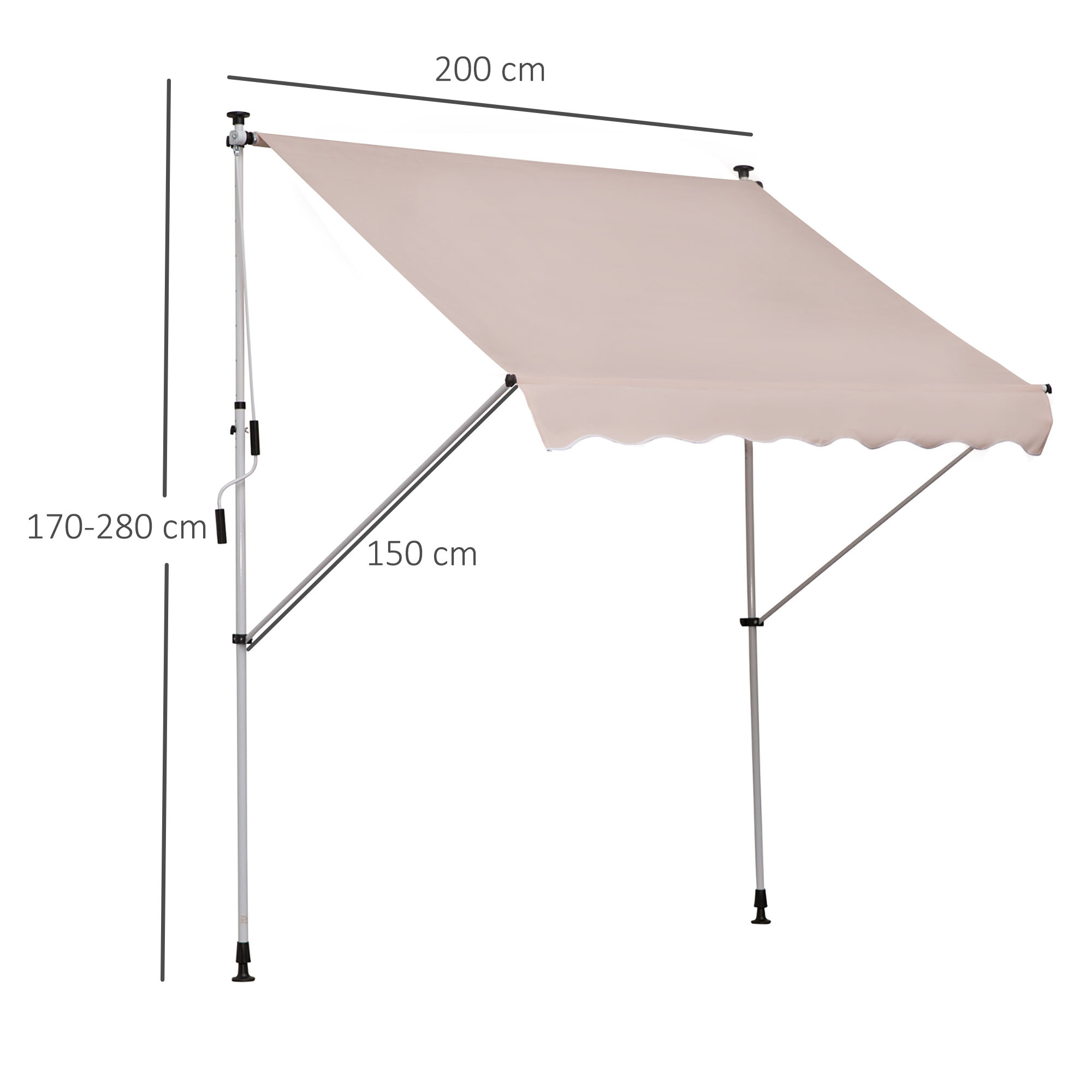 Klemmmarkise mit Handkurbel höhenverstellbar Gelenkarmmarkise schmutzabweisend, witterungsbeständig Balkonmarkise 150cm breit Terrassenmarkise für Terrasse Balkon Veranda Cremeweiß