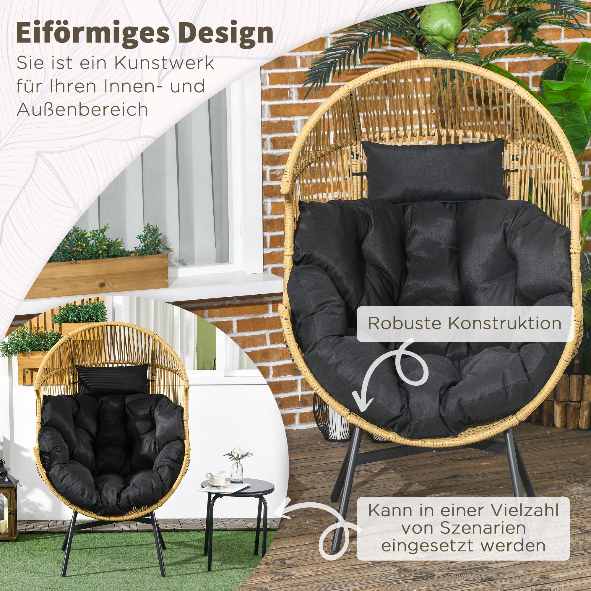 Rattansessel Outdoor-Sessel Gartensessel, PE-Rattan, 89 cm x 75 cm x 143 cm, Natur + Schwarz