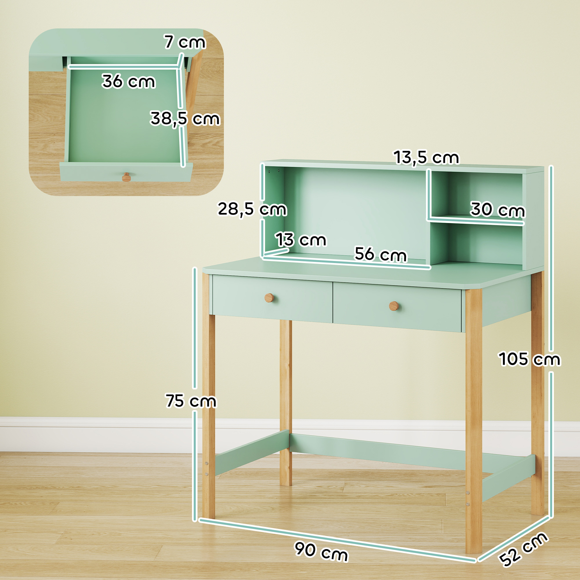 Kinderschreibtisch Schülerschreibtisch mit Schubladen Regal Stauraum für 5-12 Jahre Kinder 90 x 52 x 105 cm Grün
