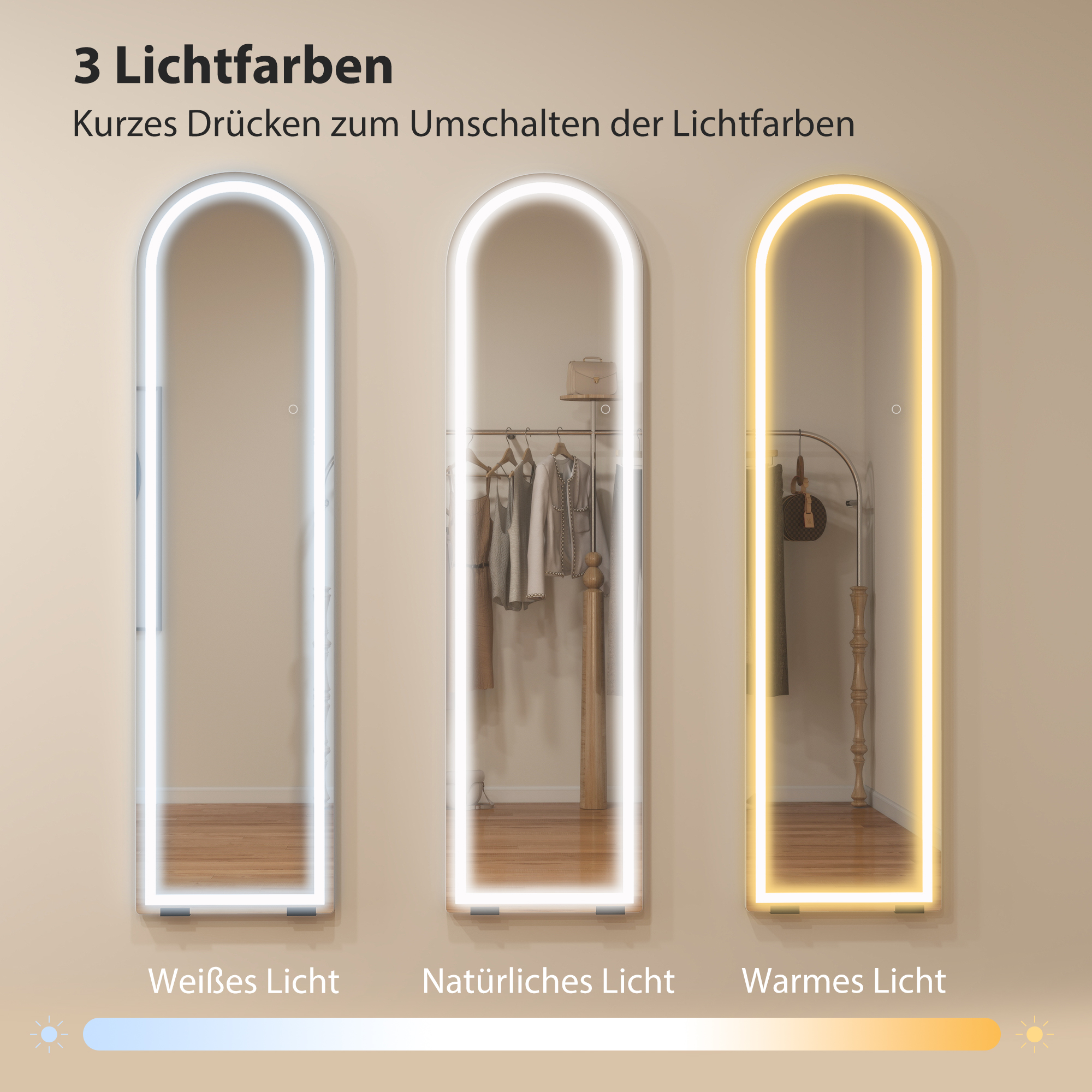 Ganzkörperspiegel mit LED-Lichtern, 150 x 40 cm, bogenförmig, dimmbar, 3 Lichtfarben, freistehend oder Wandmontage, Weiß