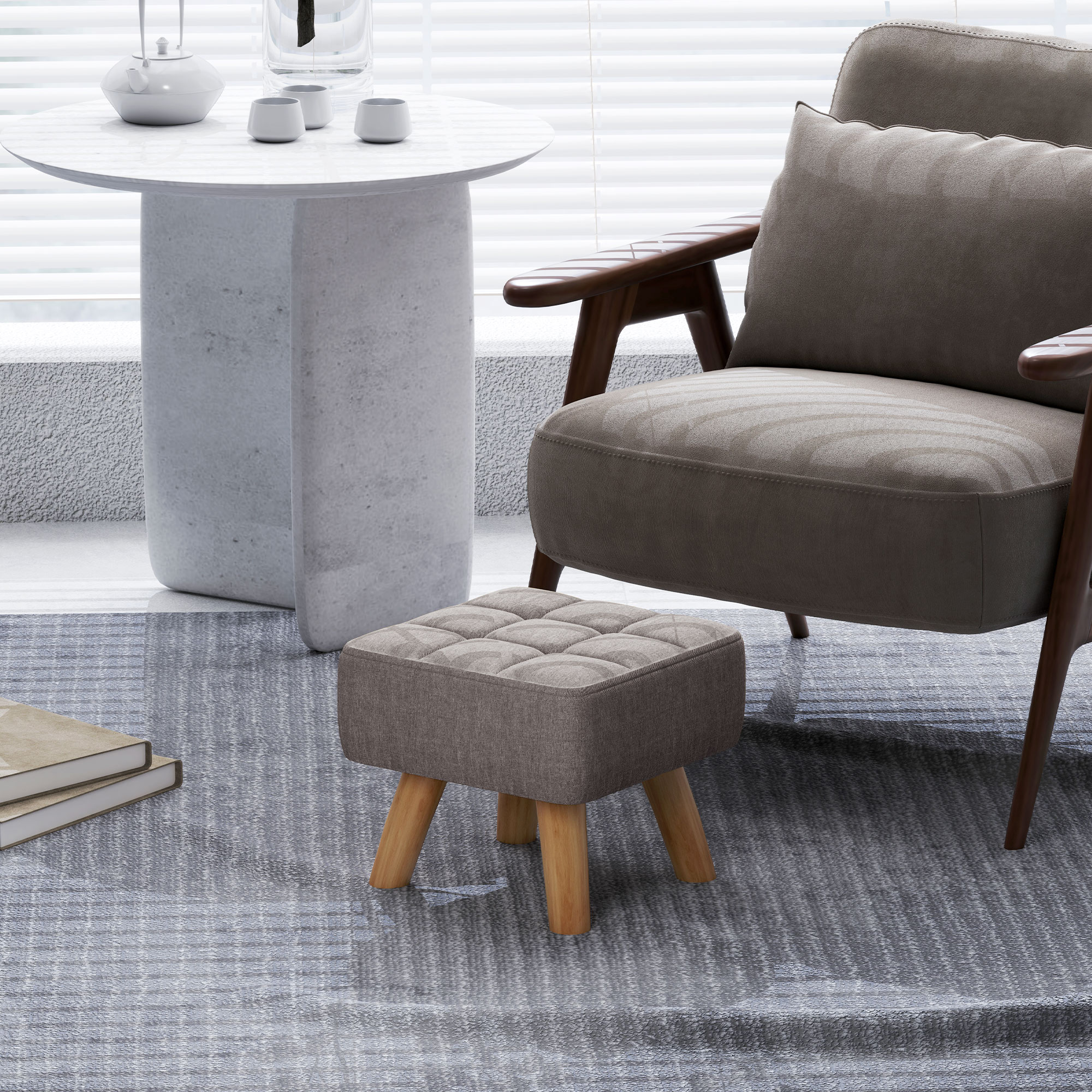 Fußhocker mit Polsterung, Leinenoptik, Holzbeine, bis 110 kg belastbar, Grau