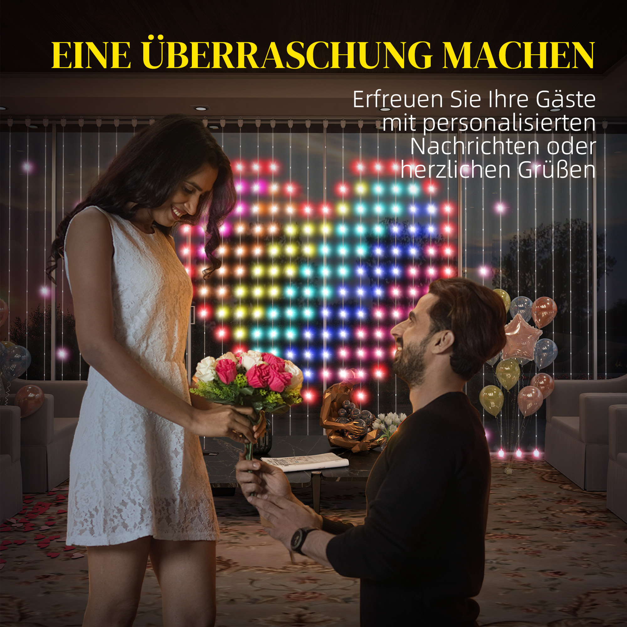 Vorhang mit 400 LED-Lichtern, Dynamische Lichterketten mit Musiksynchronisation für Schlafzimmer, Wohnzimmer, 3 x 3 m