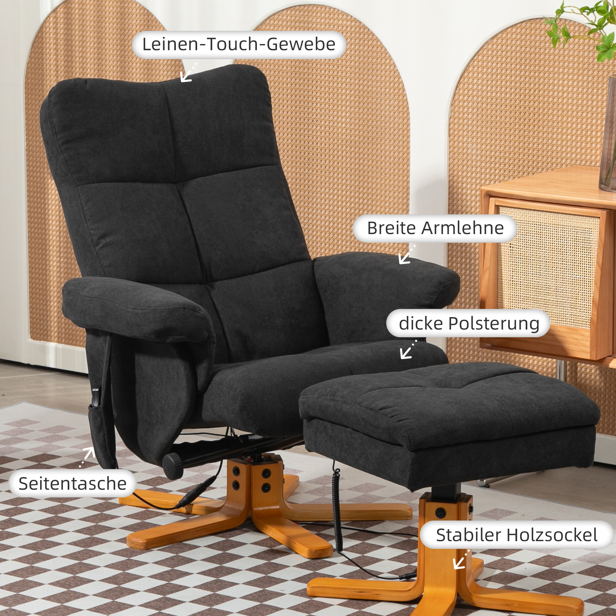 Massagesessel mit Liegefunktion und Fußhocker, 145°-Neigung, Polyester, 80 x 86 x 99 cm, Schwarz