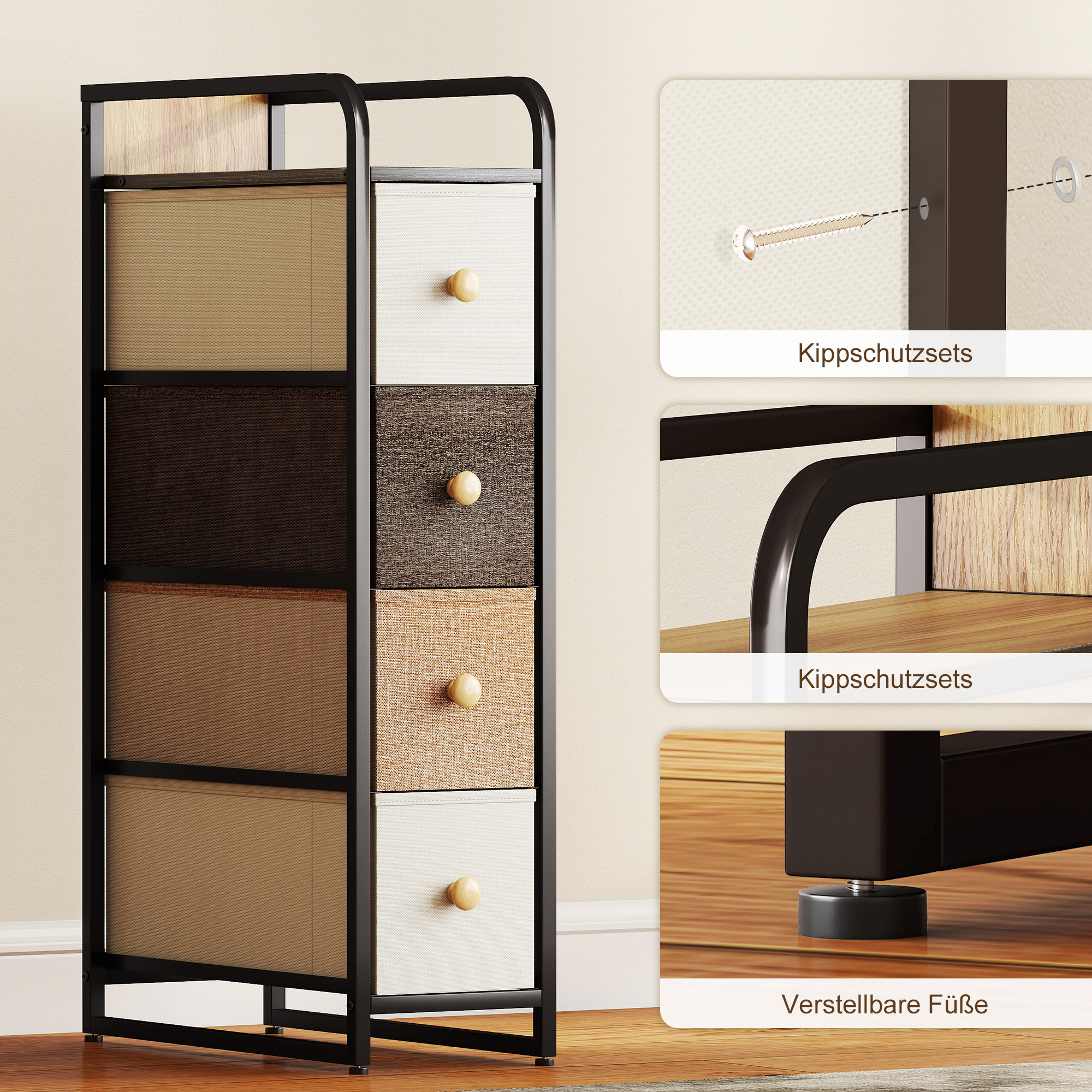 Kommode Schrank mit 4 Schubladen aus Vliesstoff Aufbewahrungsschrank mit Stahlrahmen, 20 x 47 x 84,5 cm, Mehrfarbig