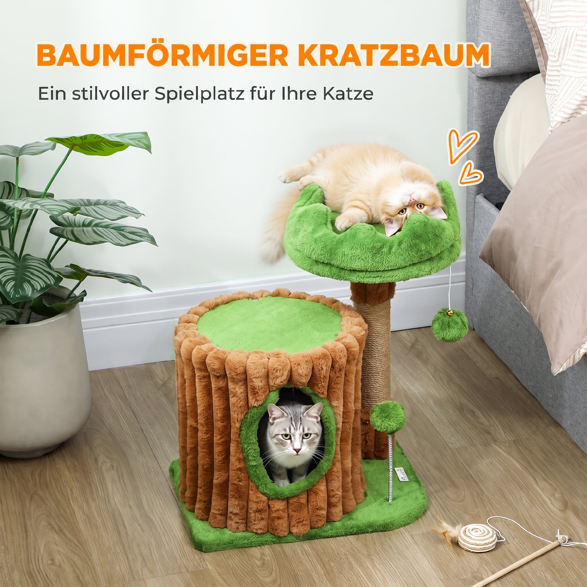 Kratzbaum 53 cm hoch Katzenbaum mit Höhle, Baumstamm-Design, Jutestämme, 2 Bälle  für 1-2 Katzen unter 5 kg, Braun+Grün