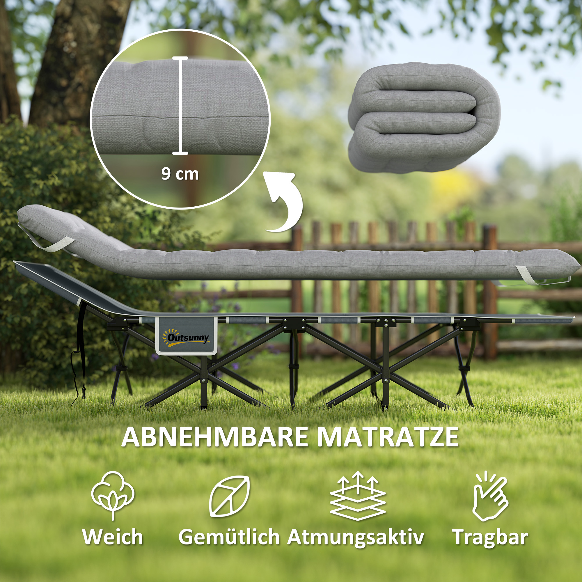Feldbett faltbar Campingbett mit Matratze Kopfkissen Seitentasche 185 x 68 x 37 cm bis 150 kg Hellgrau