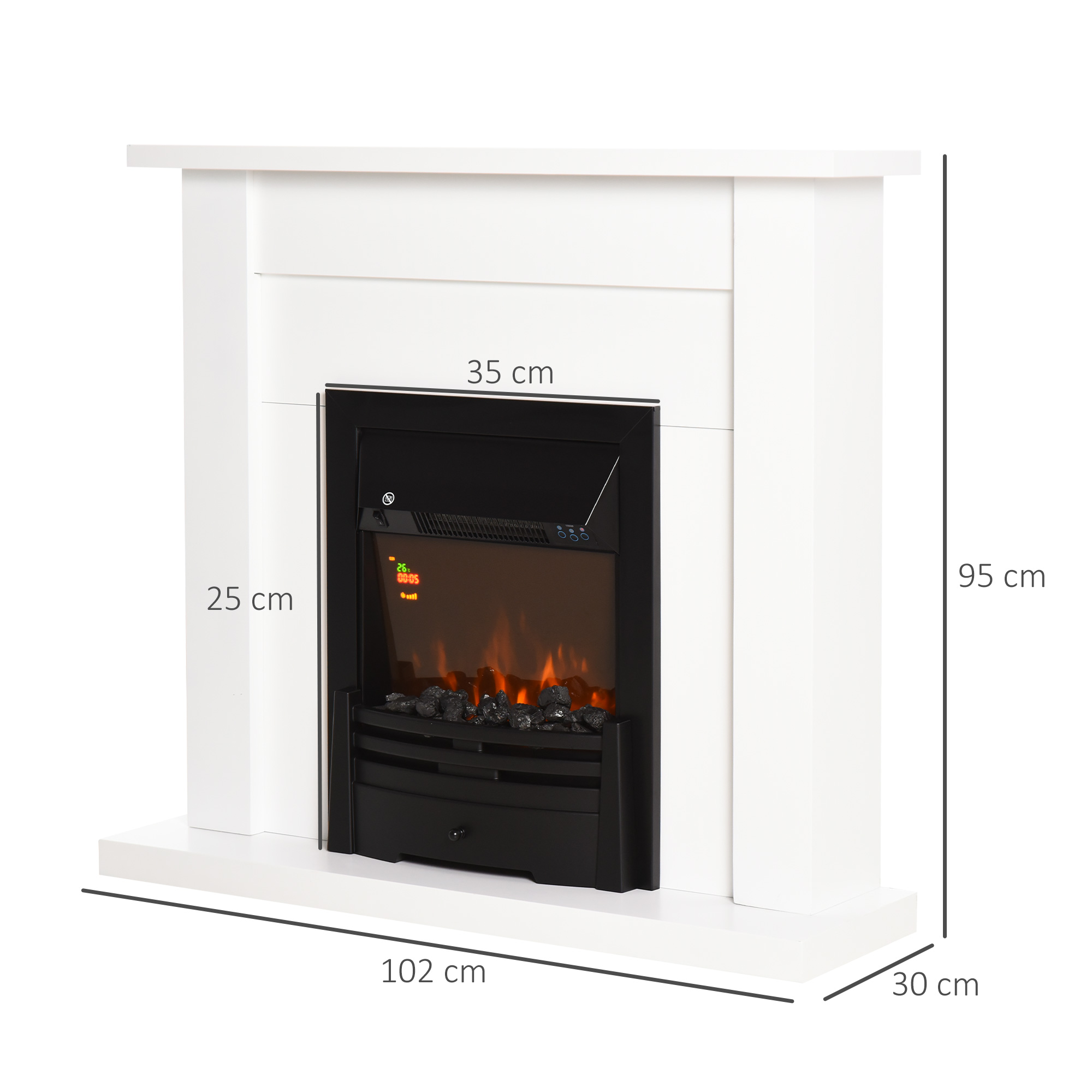Elektrischer Kamin, 2 Leistungsstufen, Fernbedienung, Timer, realistischer Flammeneffekt, Schwarz+Weiß