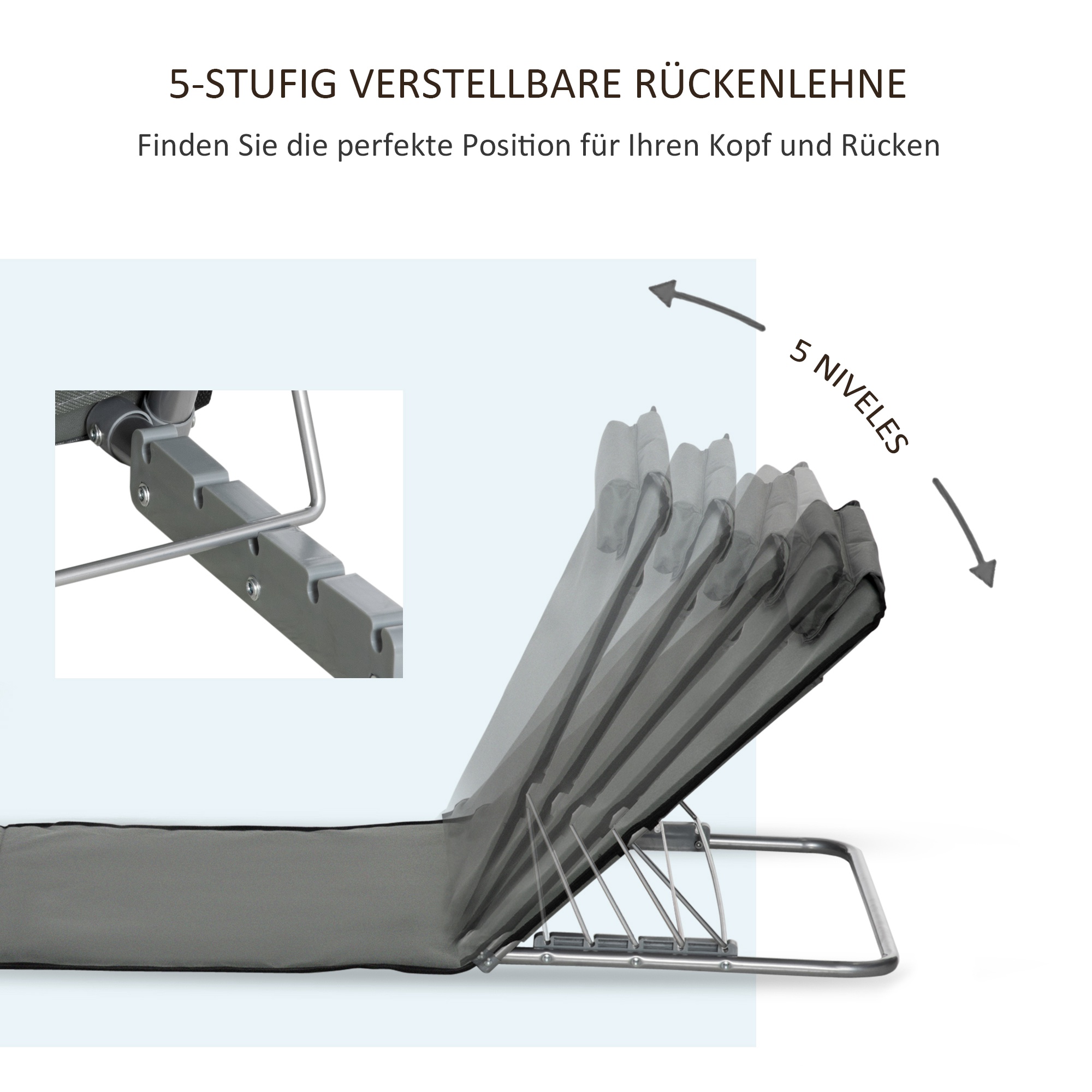 2er-Set Strandmatte, verstellbar, faltbar, 124L x 53B x 37-50H cm, Grau