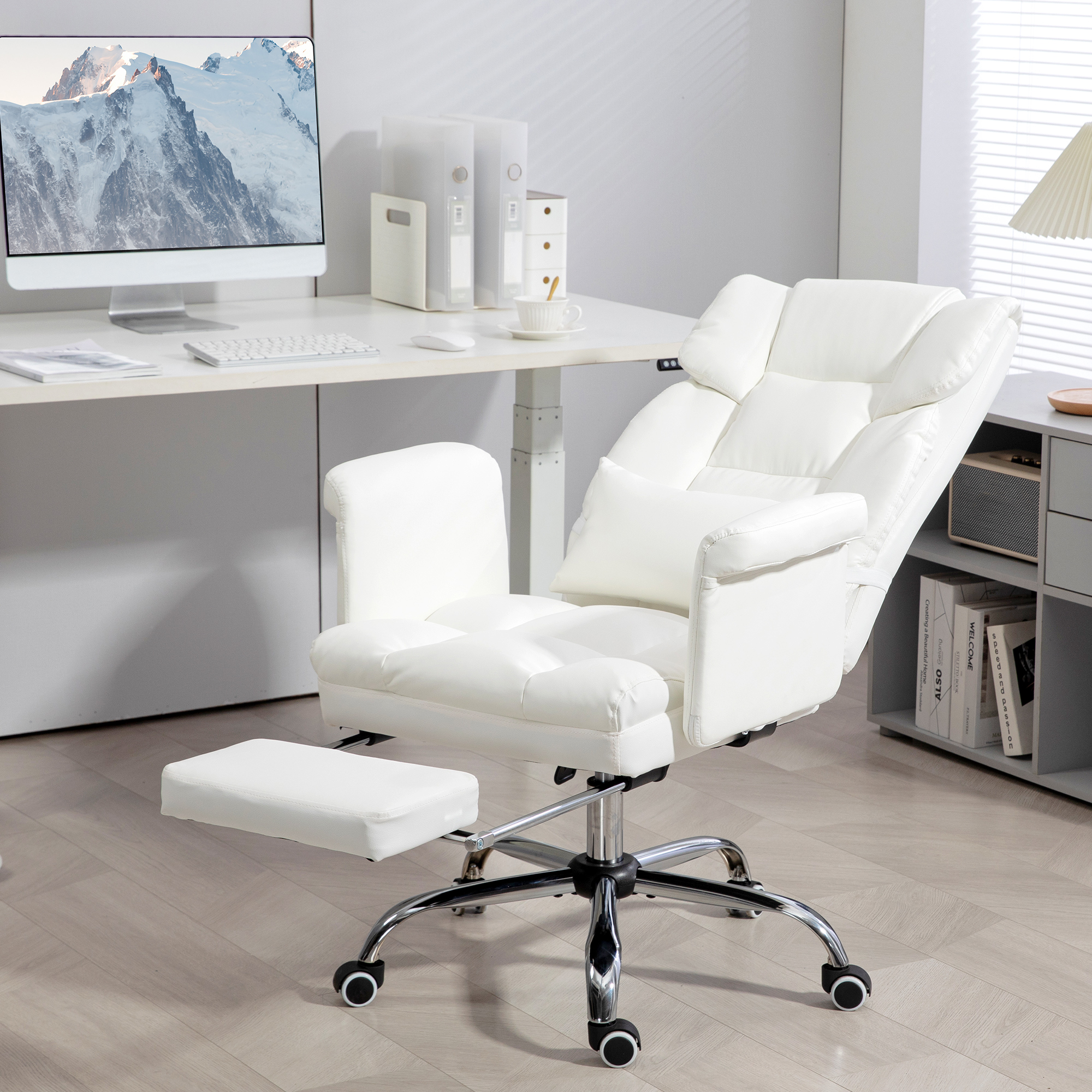 ergonomischer Bürostuhl, höhenverstellbar 48-56 cm, neigbare Rückenlehne, Fußstütze, Weiß