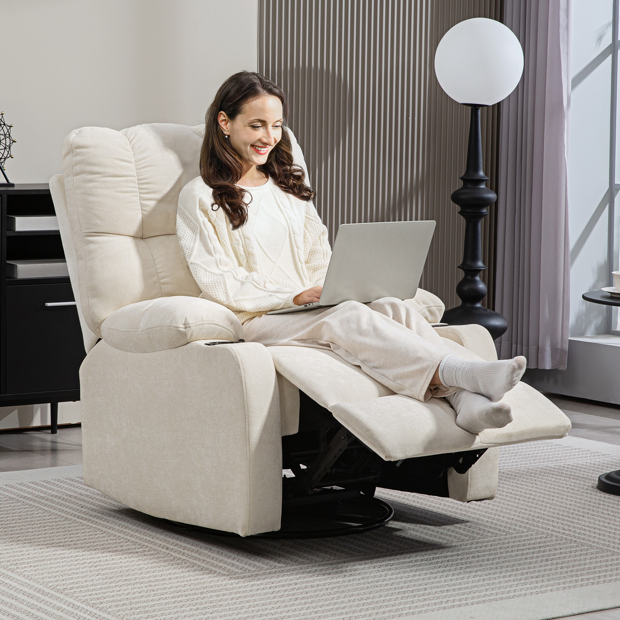 Relaxsessel mit Fußstütze, Liegesessel, drehbar, bis 150 kg, Stahlrahmen, 88x96x108cm, Beige