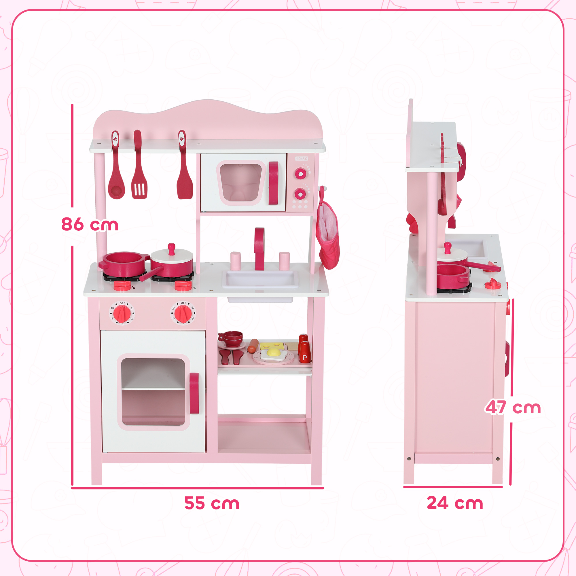 Kinderküche zum Spielen, Zubehör aus Holz, Küchengeräte, kompakt, Geräusche, Rosa