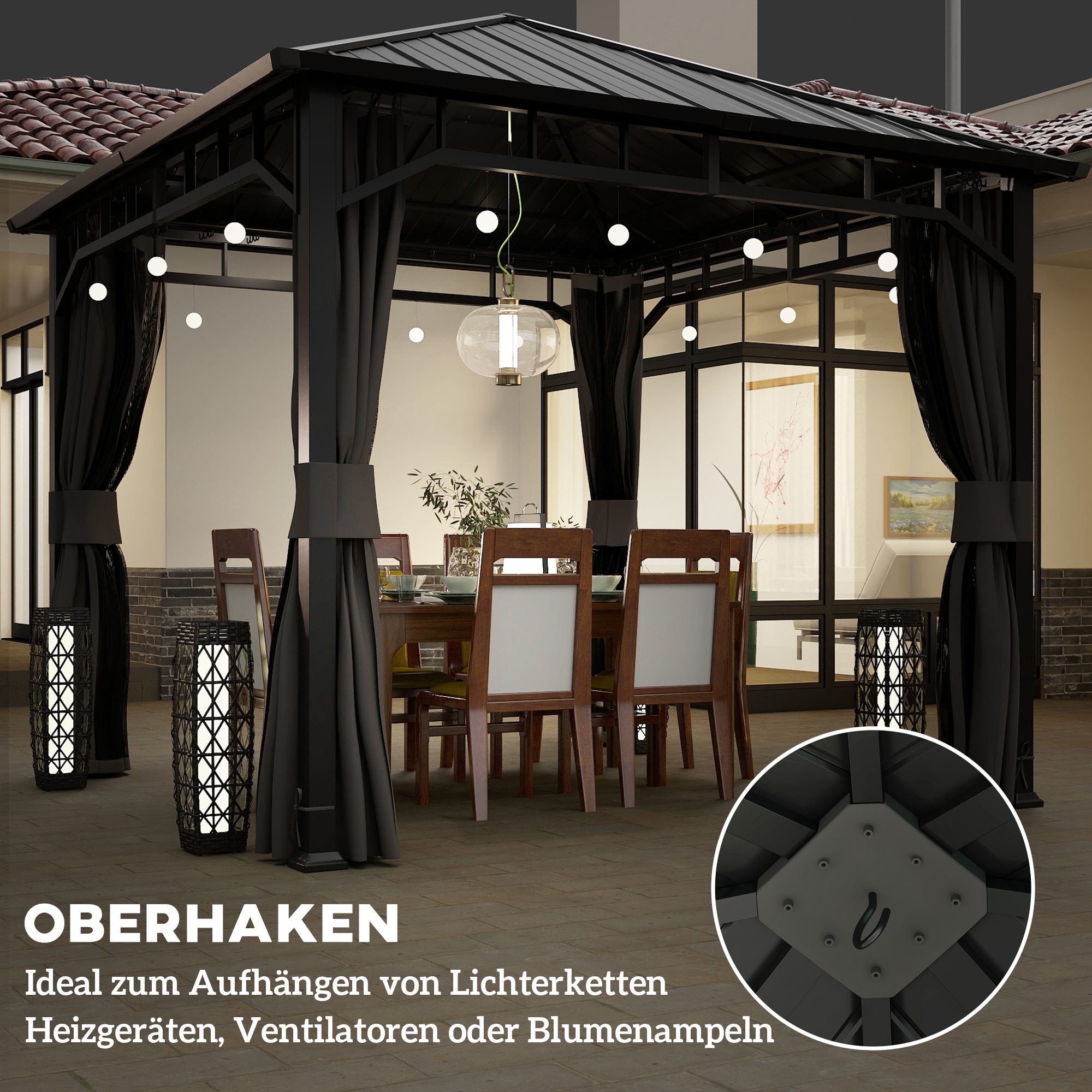 Pavillon 3 x 3 m Wasserdicht Stabil Winterfest Gartenpavillon mit Seitenteile, Netze, Haken Hardtop Dunkelgrau