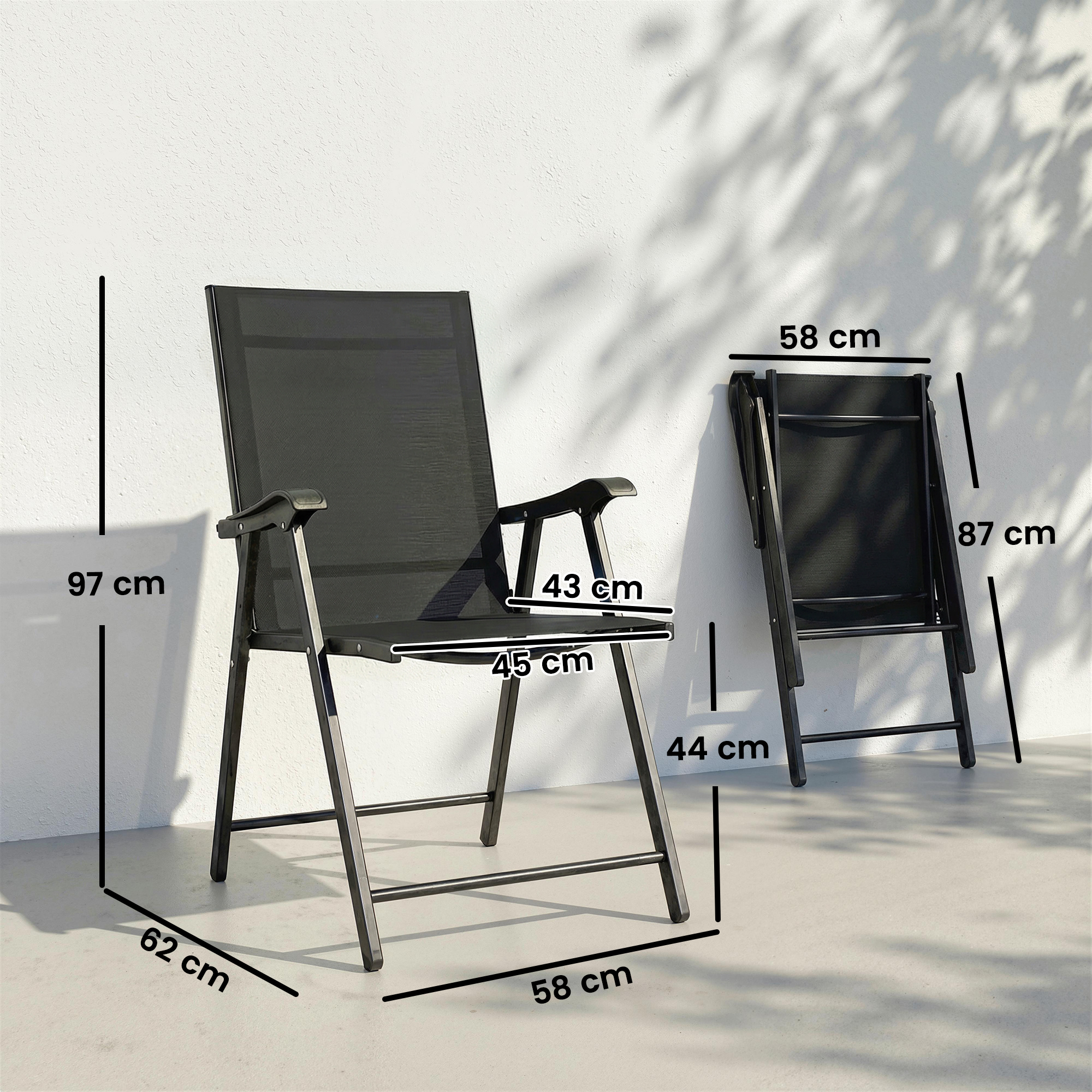 2er-Set Klappstuhl Gartenstuhl klappbar mit hoher Rückenlehne Armlehne Stahl Texteline 58 x 62 x 97 cm Schwarz