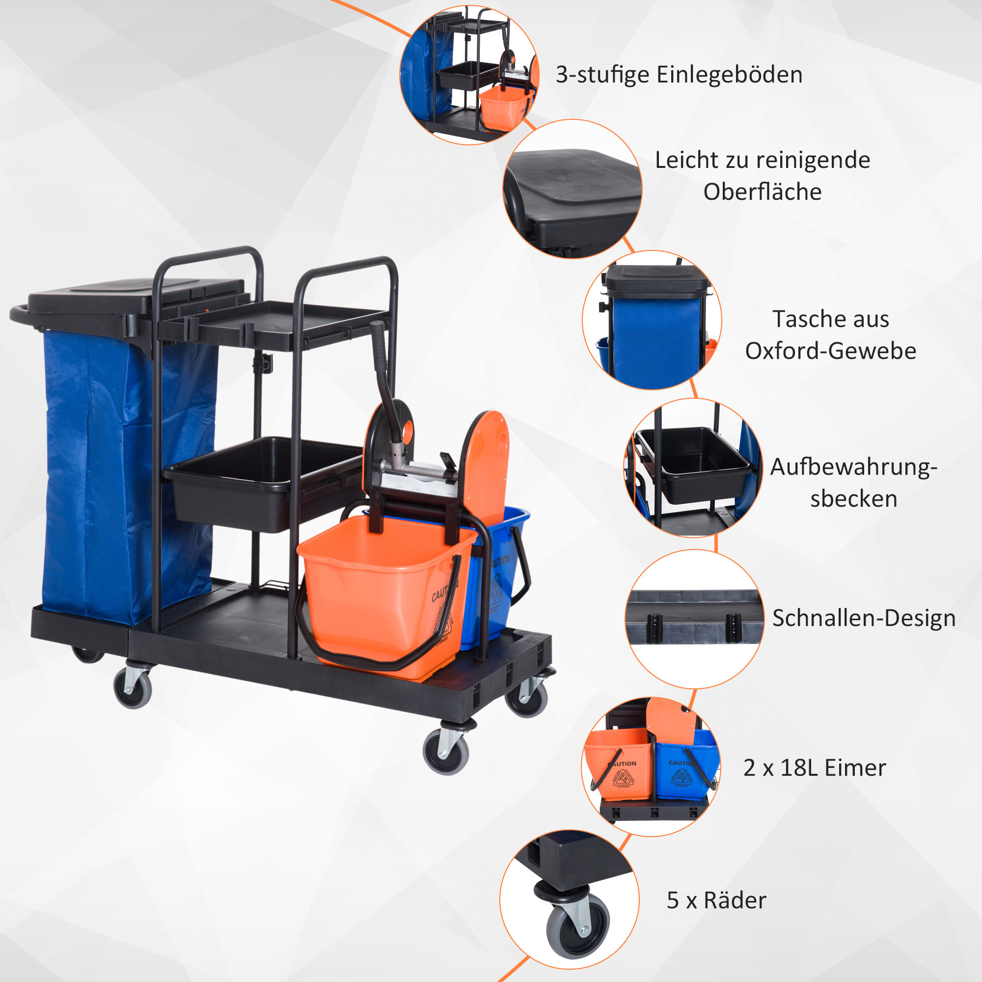 Putzwagen Reinigungswagen Wischwagen Systemwagen mit 4 leichtgängigen Rollen Schwarz+Blau+Orange 111 × 63,3 × 103 cm