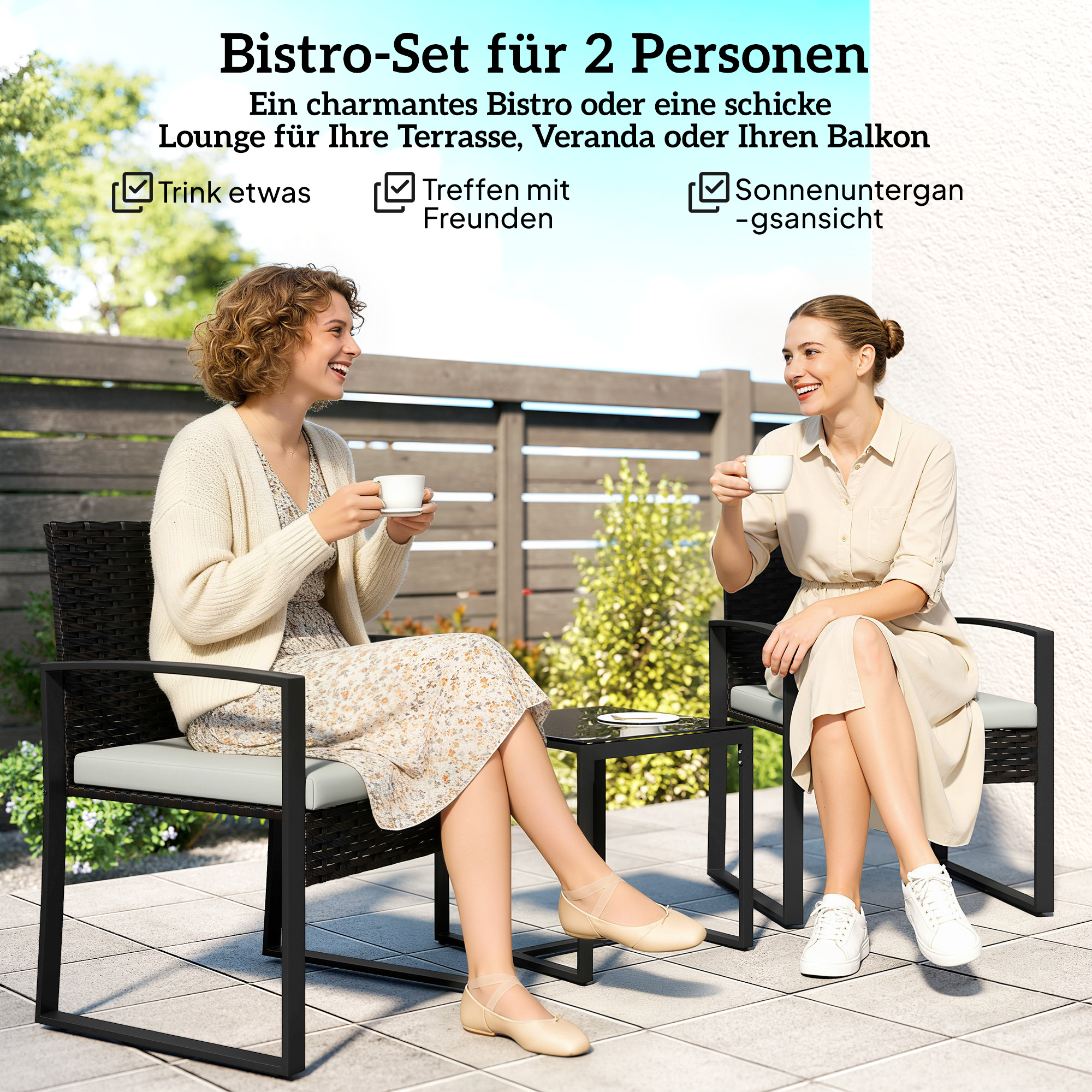 Rattan Bistroset, 3 teiliges Gartenmöbel-Set mit 2 Gartenstühlen, Couchtisch, abnehmbar Kissen Cremeweiß