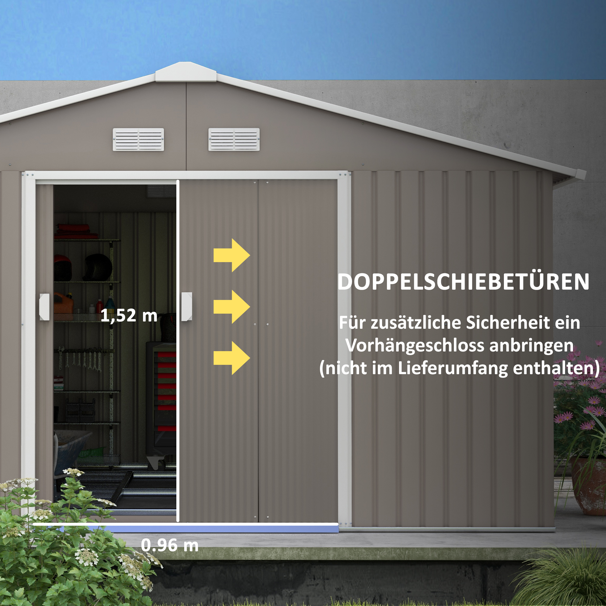 Geräteschuppen, Wetterfestes Gartenhaus für Gartengeräte, mit Belüftungsfenstern, Schiebetüren, Stahl, Hellgrau