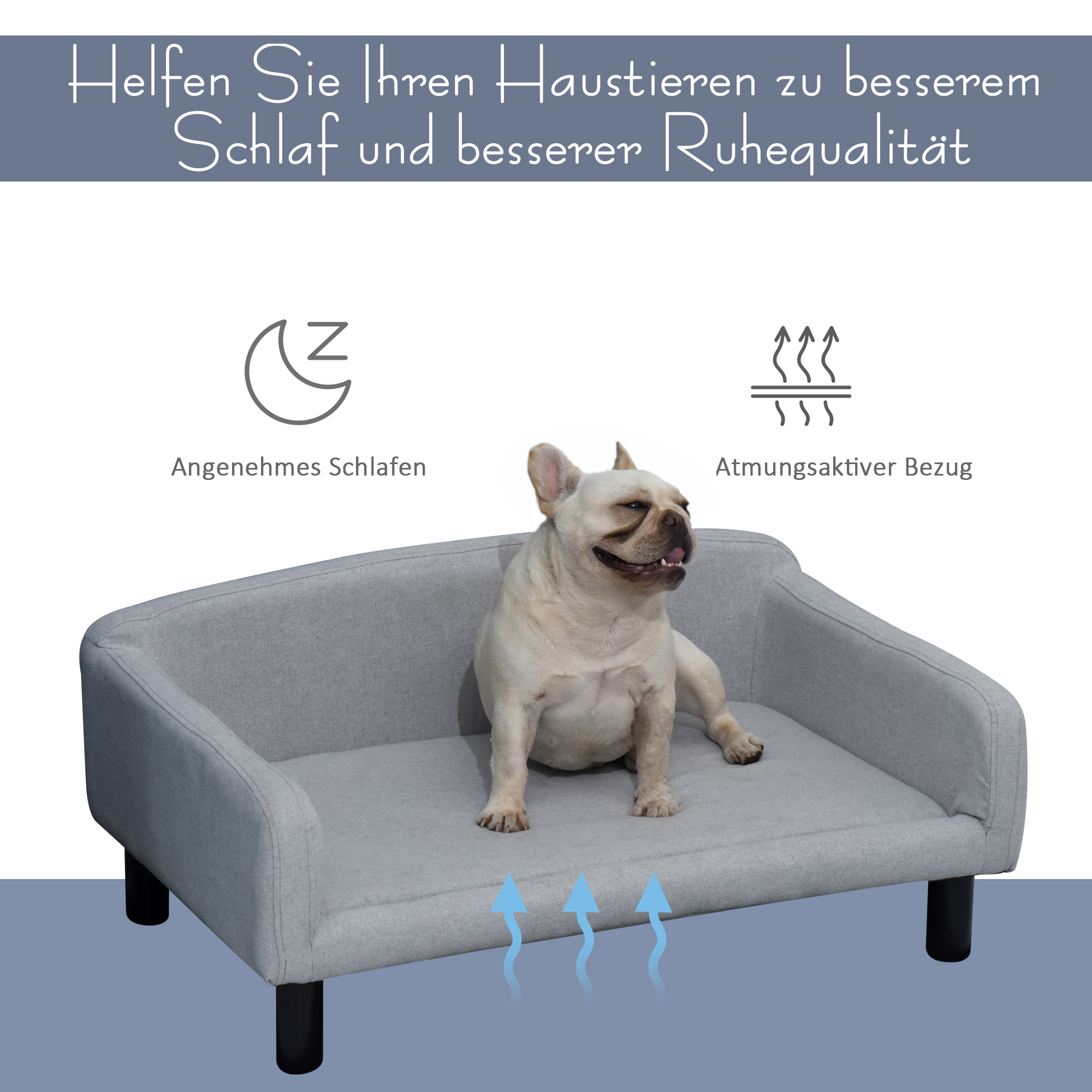 Hundesofa Hundebett Hundecouch aus Samt mit Rückenlehne, Holzbeine, Katzensofa für mittle Hunde 82 x 54 x 36 cm Hellgrau
